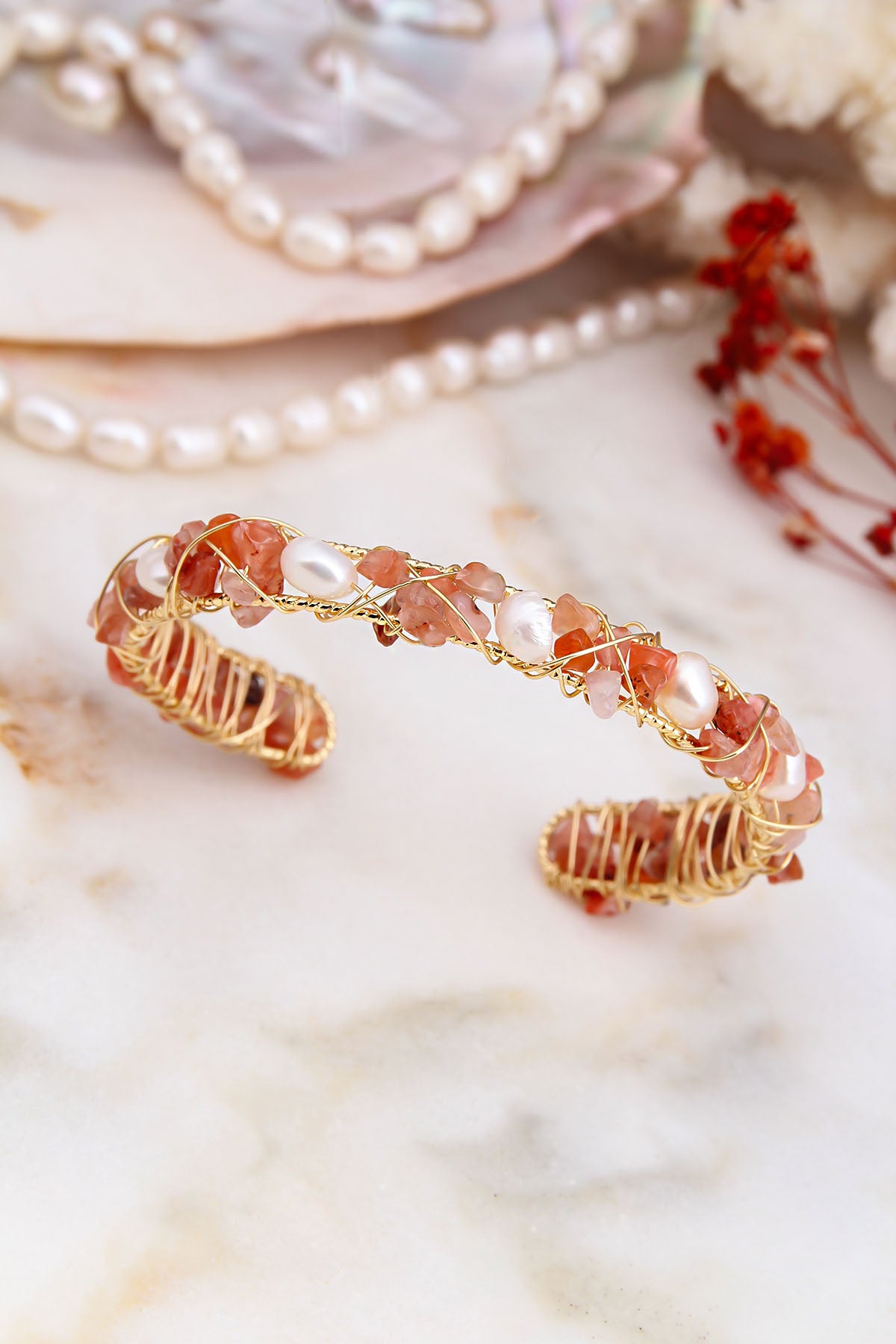 Strawberry Quartz & Pearl Bracelet