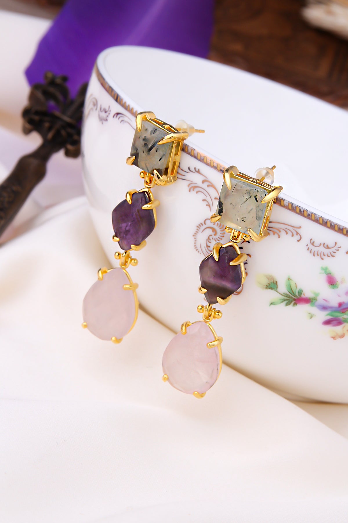 Prehnite & Ahmethyst & Pink Quartz Boucles d'oreilles