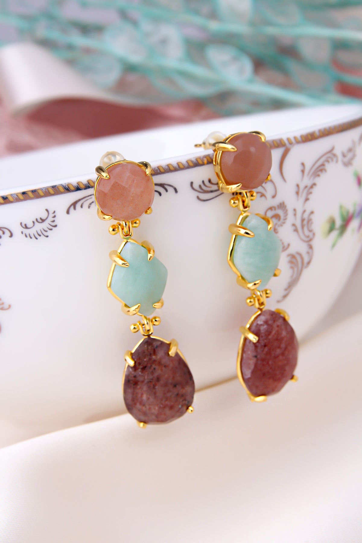 Sun Stone & Amazonite & Strawberry Quartz Boucles d'oreilles