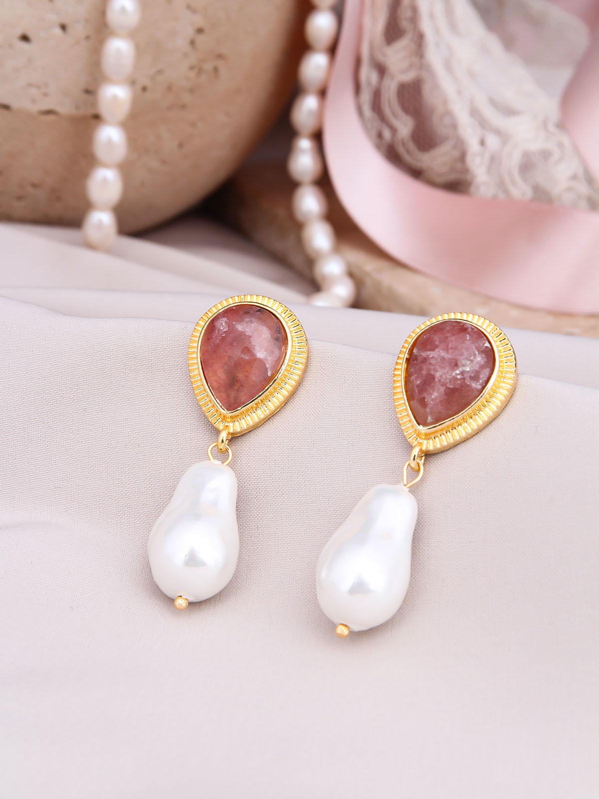 Strawberry Quartz & Pearl Boucles d'oreilles