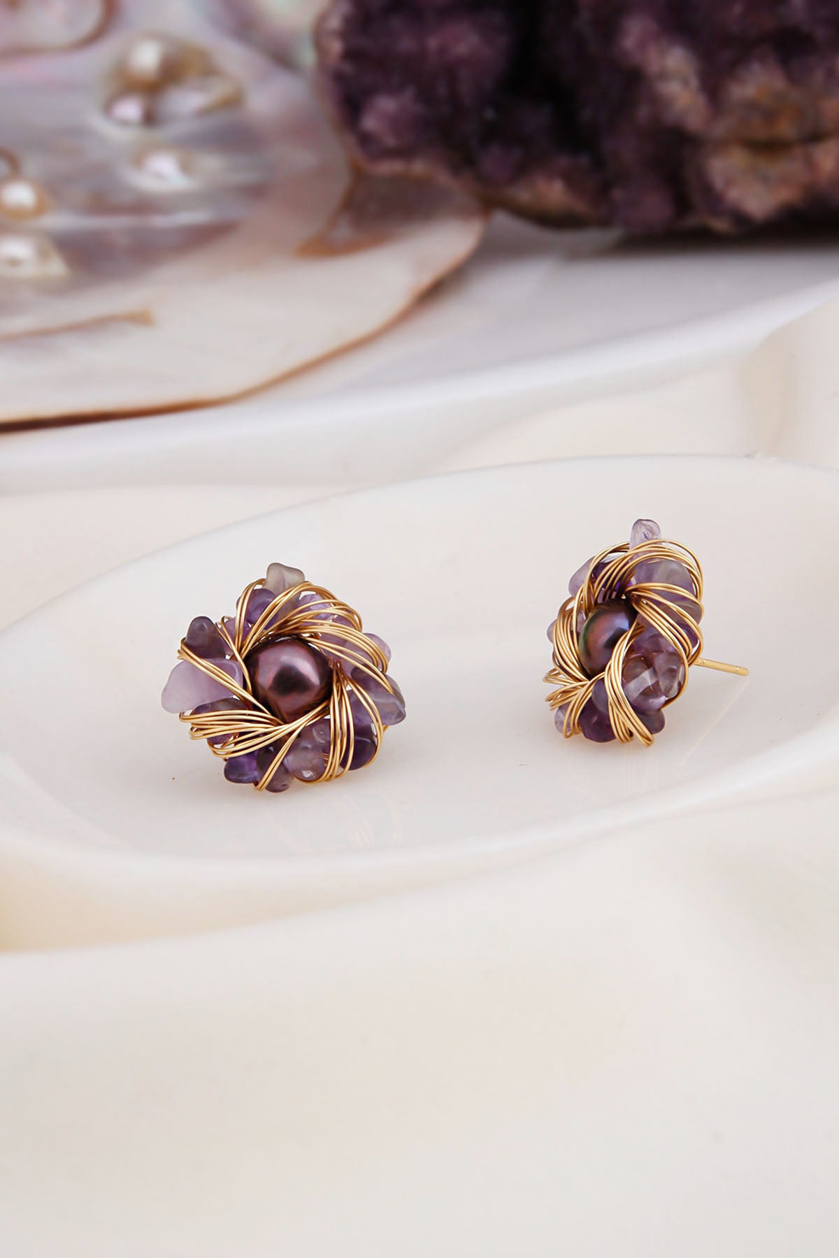Amethsyt & Pearl Boucles D'oreilles