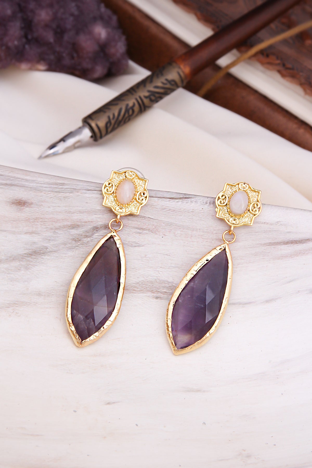 Pink Quartz & Amethyst Earring