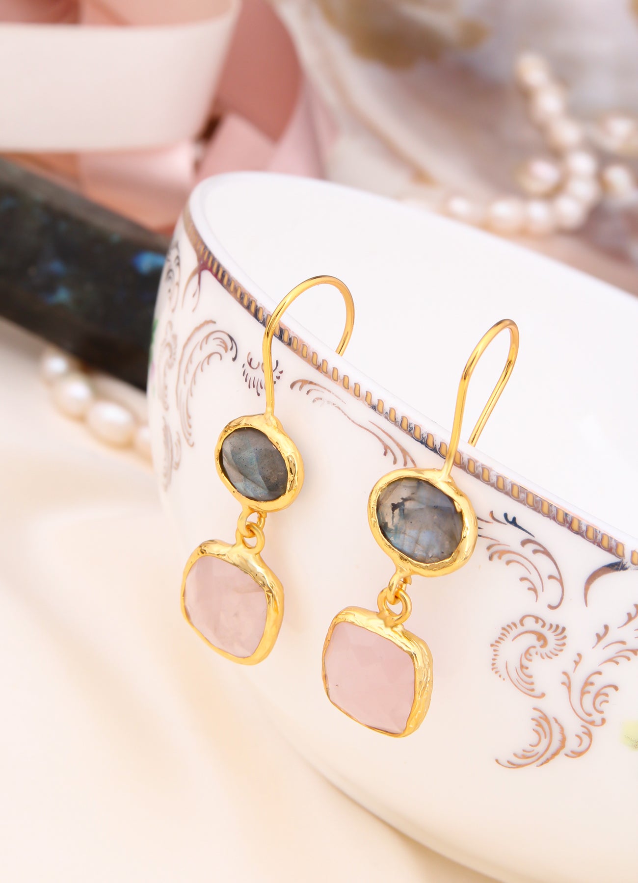 Prehnite & Pink Quartz Earring