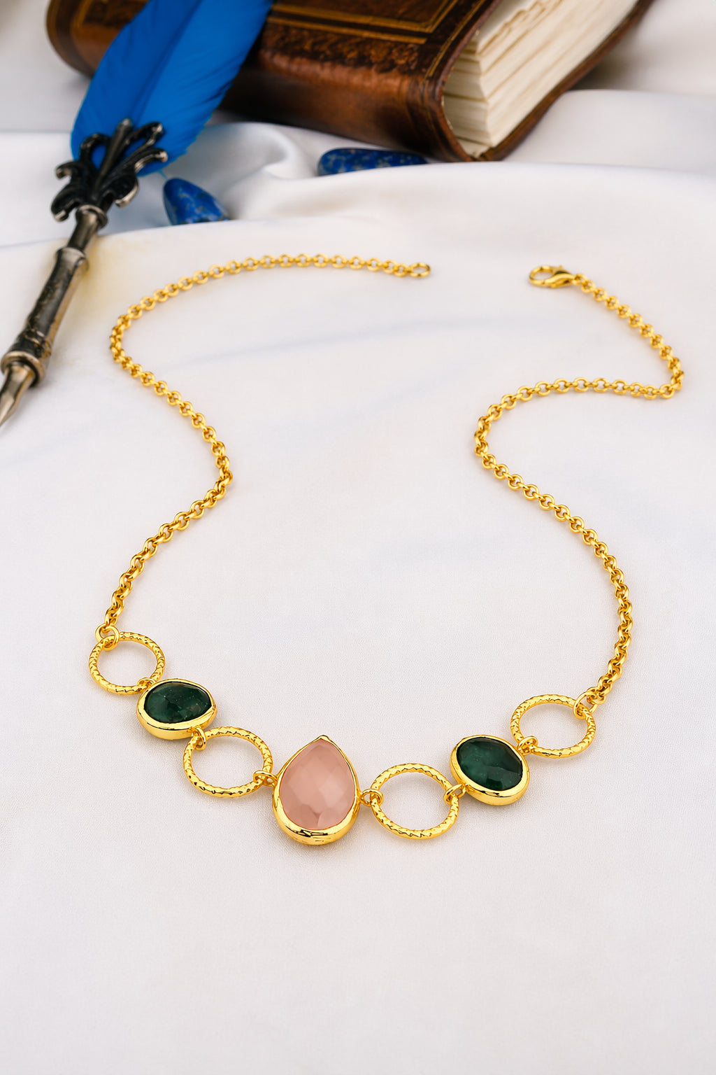 Pink Quartz & Root Emerald Necklace