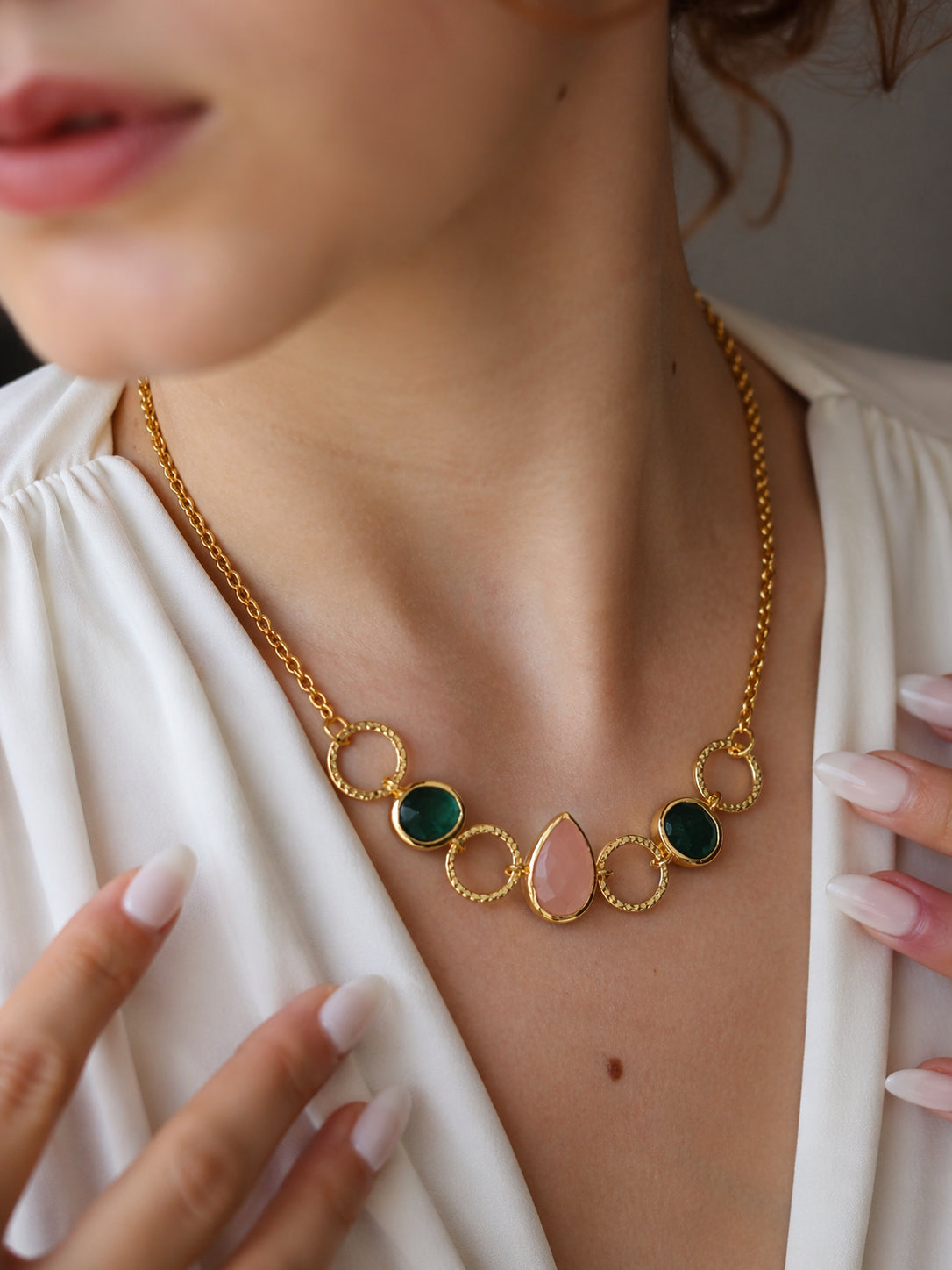 Pink Quartz & Root Emerald Necklace