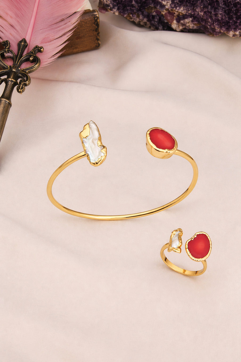 Coral & Pearl Bracelet Ring Set