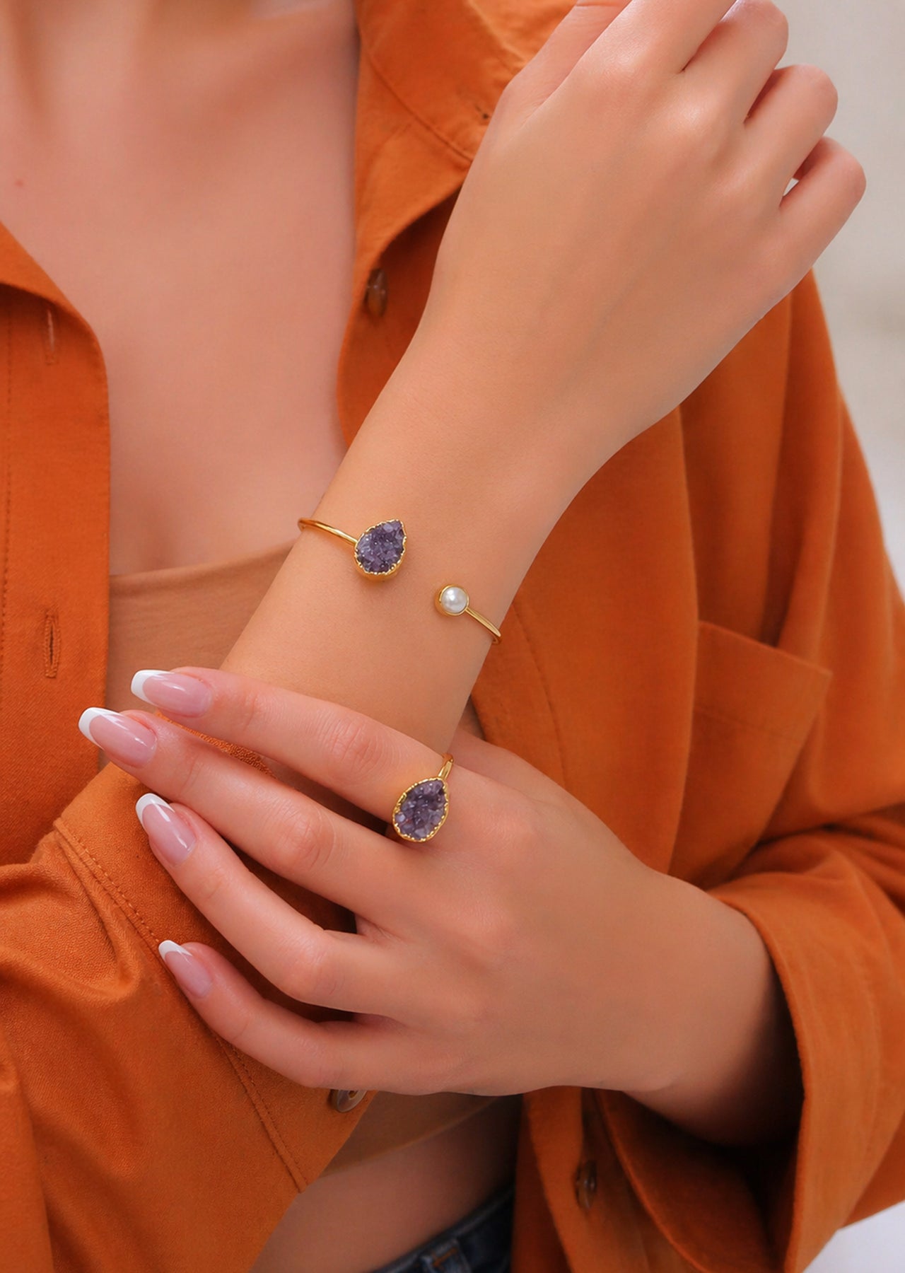 Pearl & Quartz Bracelet Ring Set
