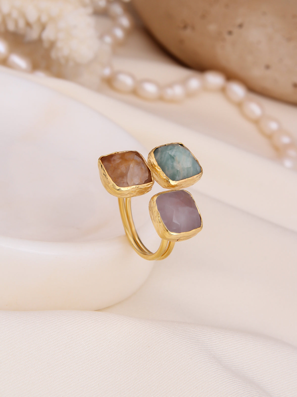 Pink Quartz & Moonstone & Citrine Bague