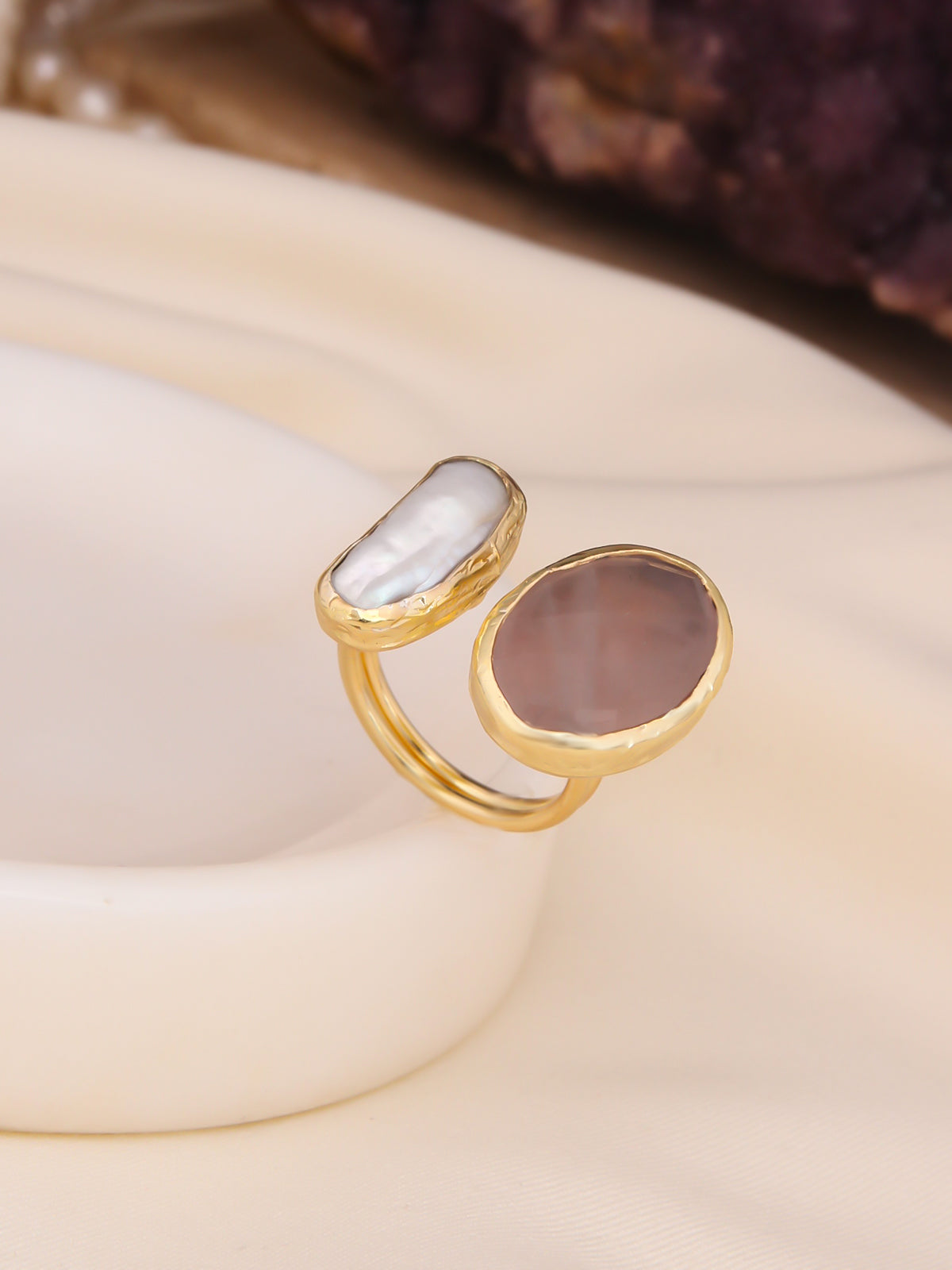 Pink Quartz & Pearl Bague