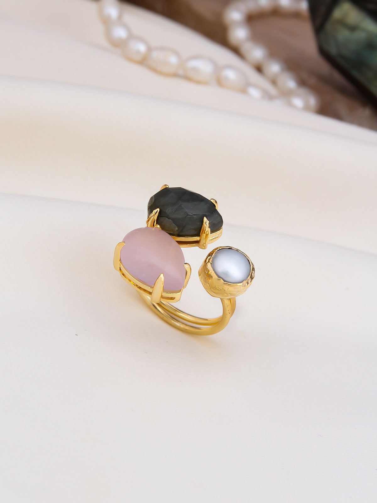 Pink Quartz & Pearl Bague