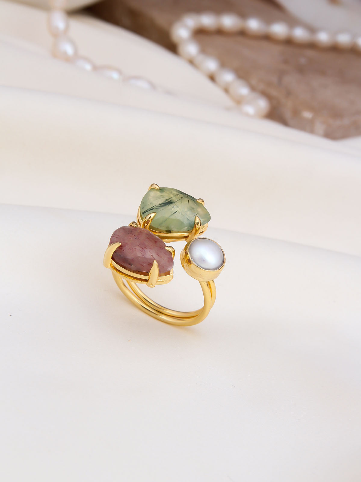 Prinhite & Sunstone & Pearl Bague