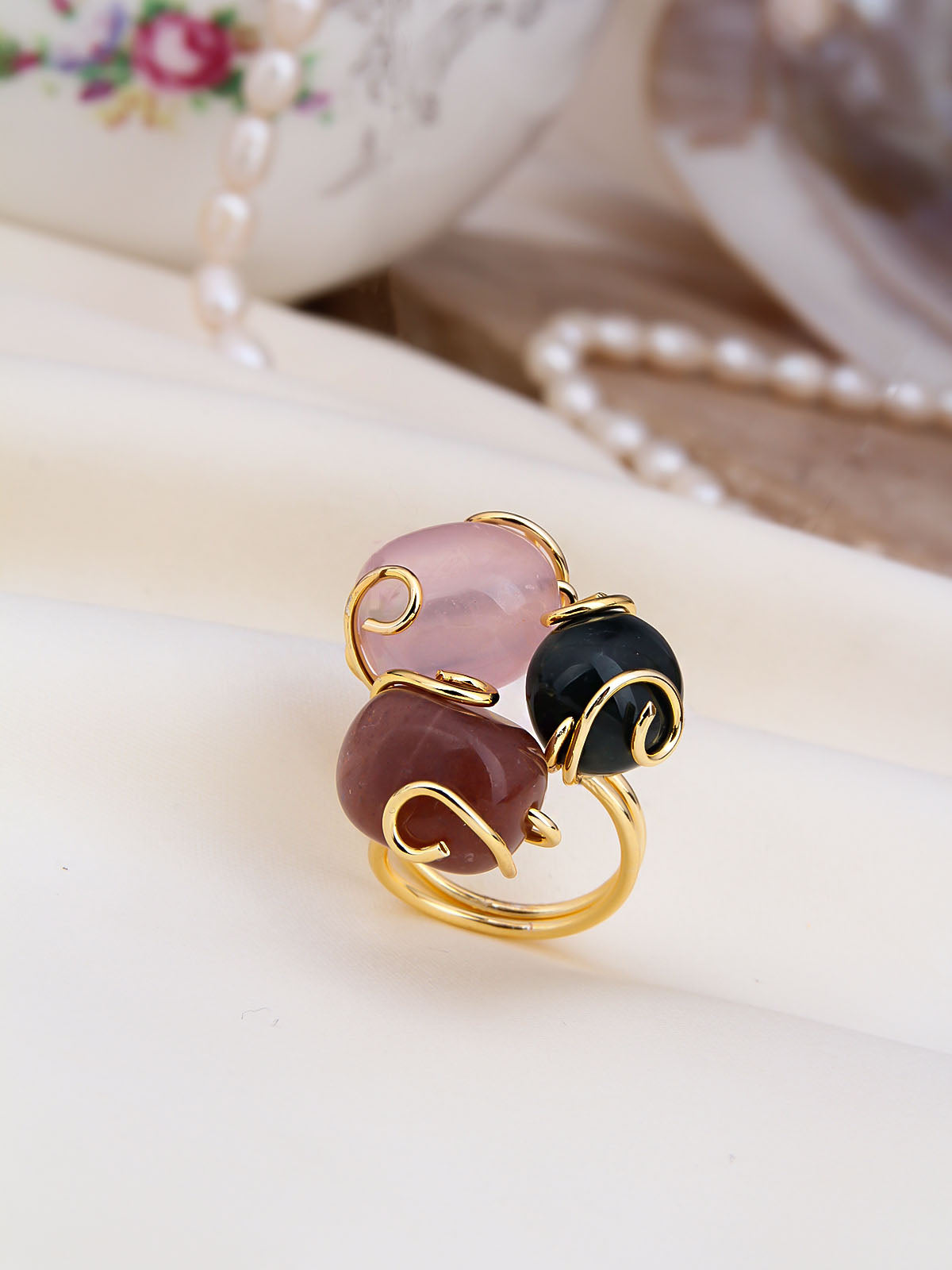 Pink Quartz & Sunstone & Onix Bague