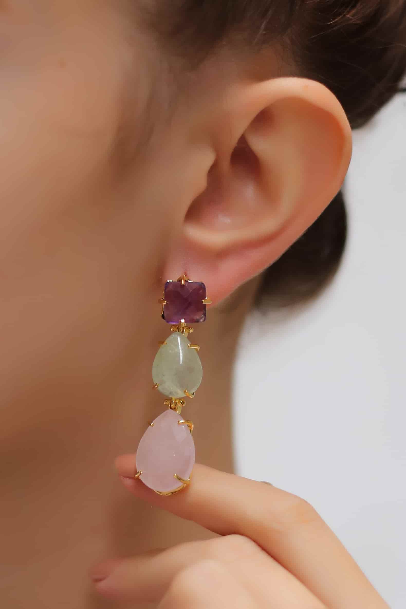 Amethyst & Pink Quartz & Prehnite Boucles d'oreilles