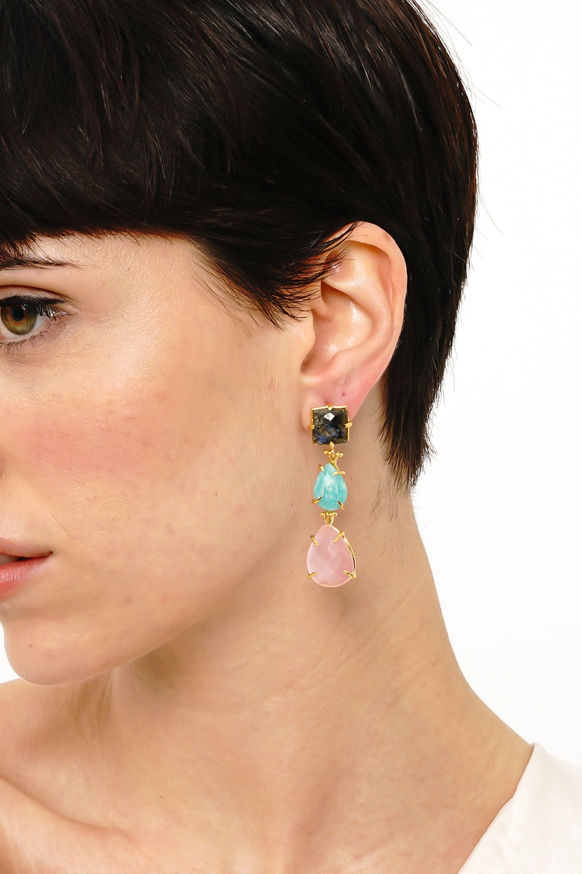 Labradorite & Pink Quartz & Amazonite Boucles d'oreilles