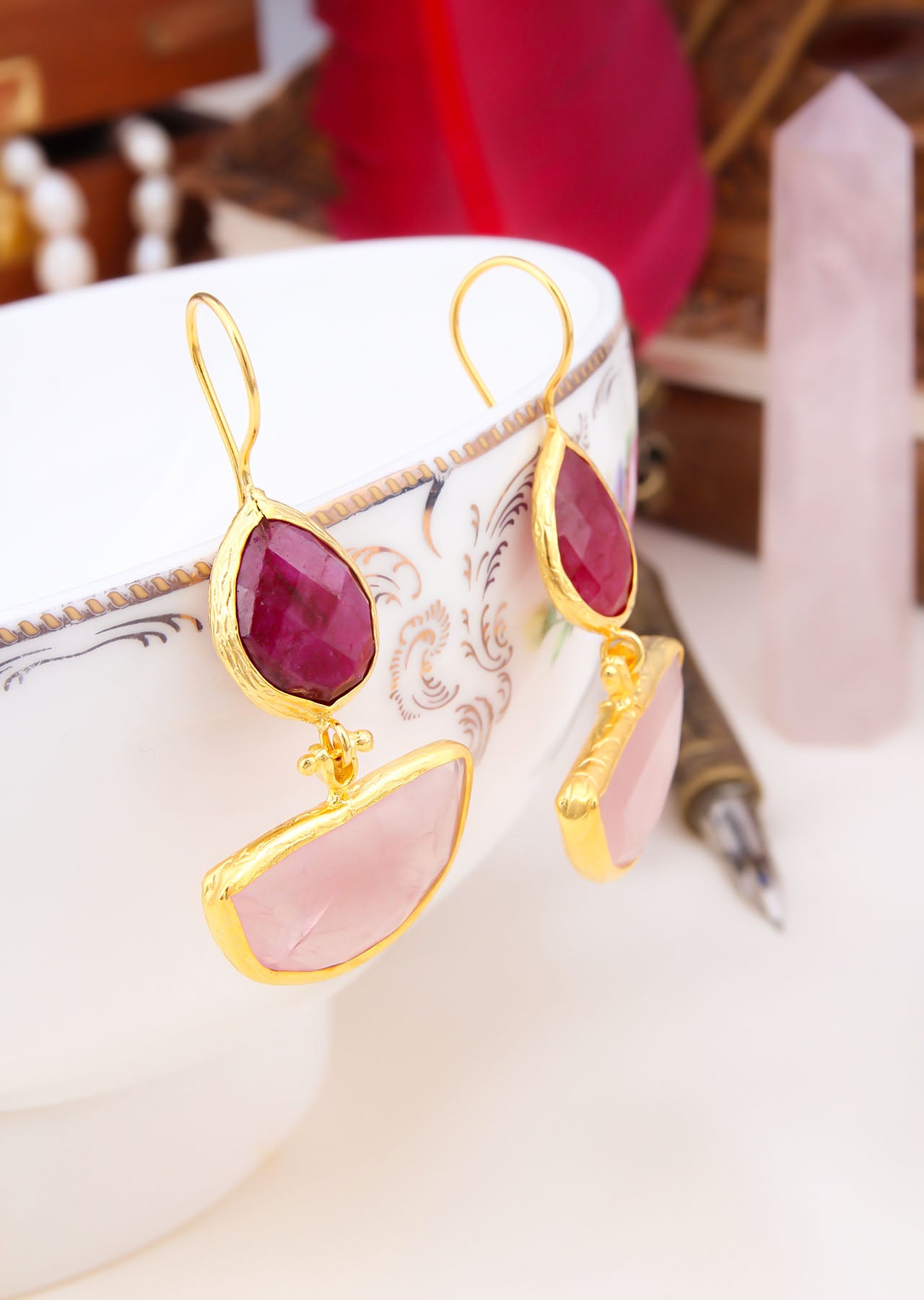 Pink Quartz & Agate Boucles d'oreilles