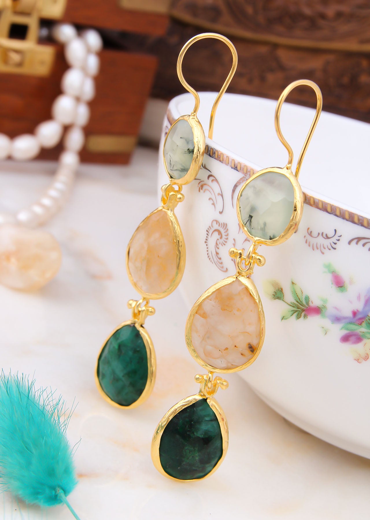 Prehnite & Sunstone & Agate Boucles d'oreilles