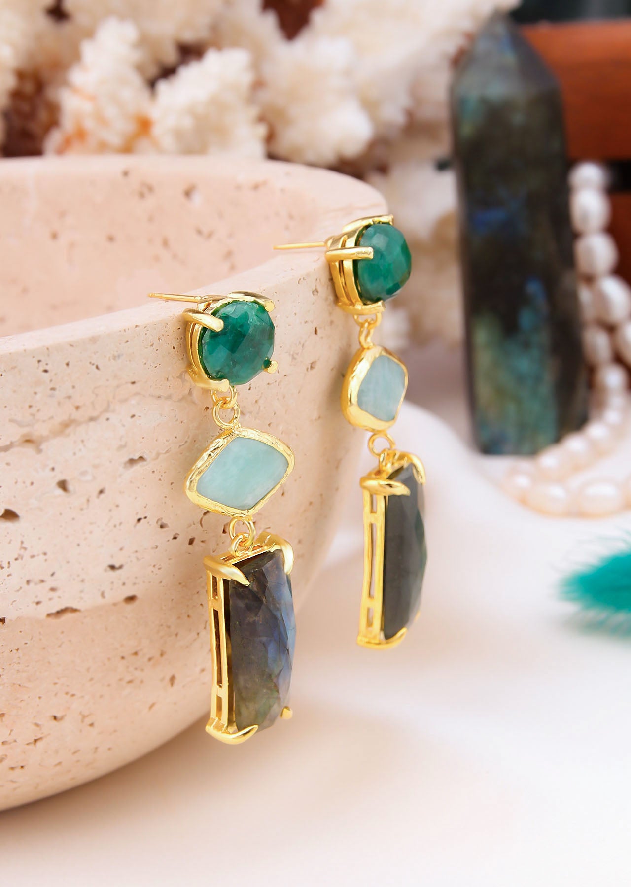 Agate & Aquamarine & Labrodorite Boucles d'oreilles