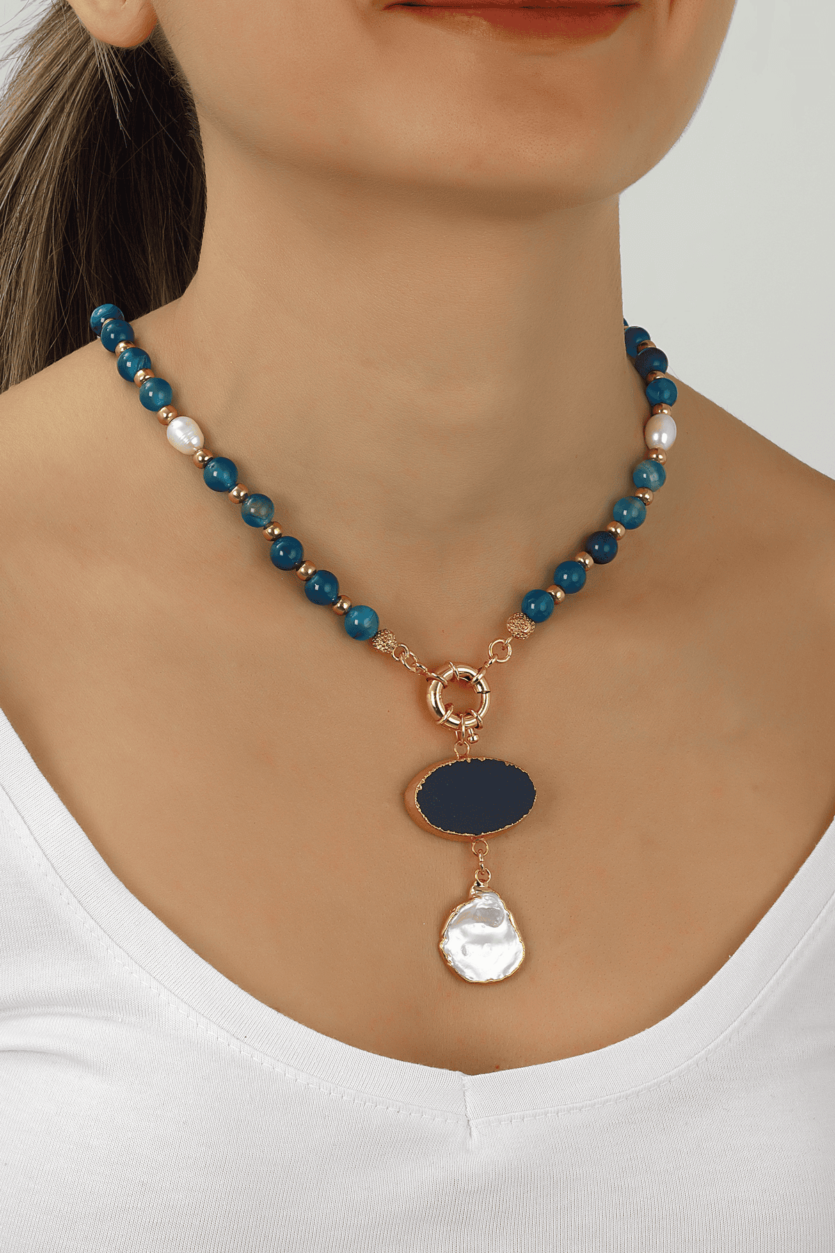 Blue Agathe & Culture Pearl Collier