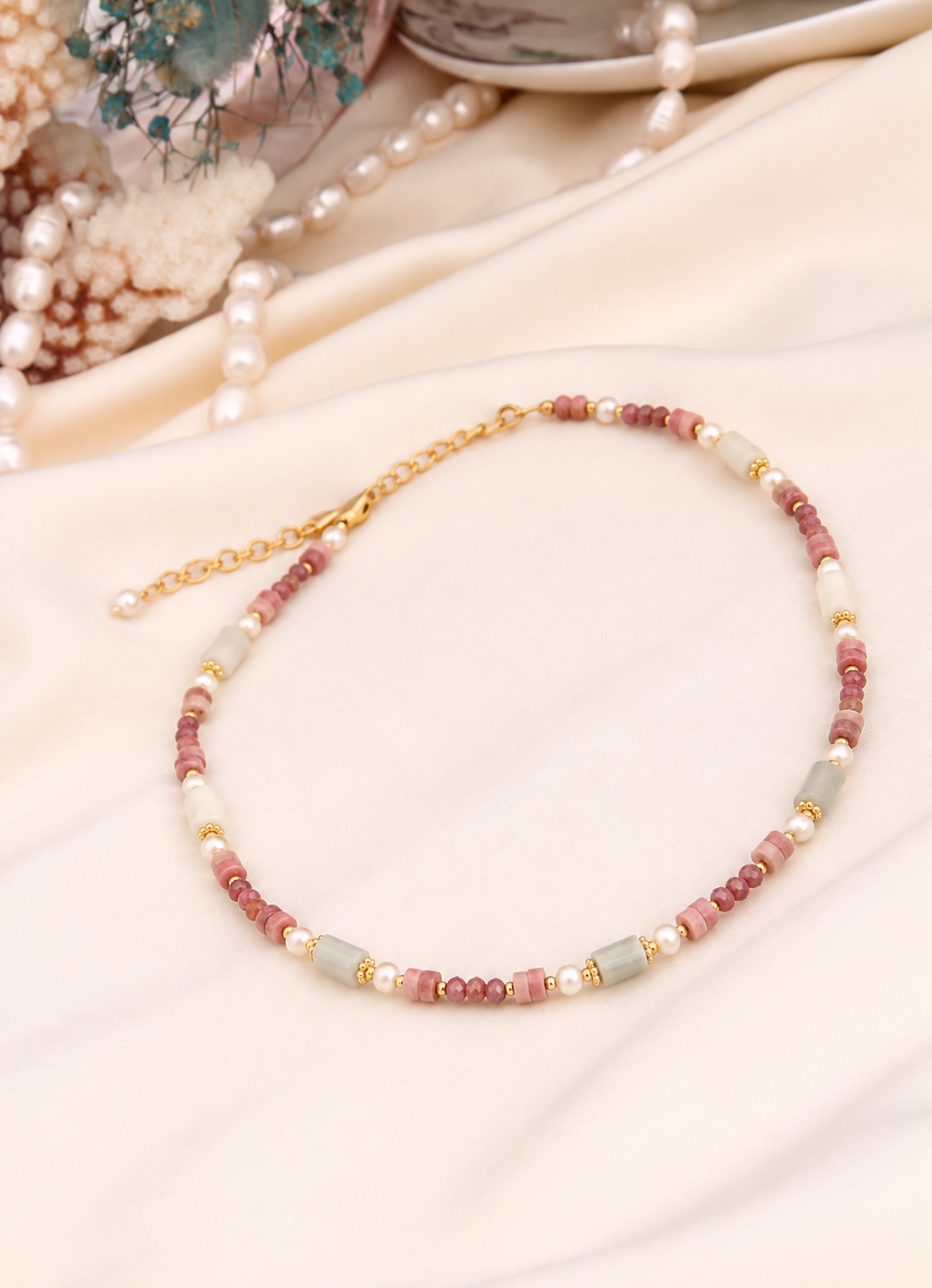 Strawberry Quartz & Pearl & MoonStone Necklace