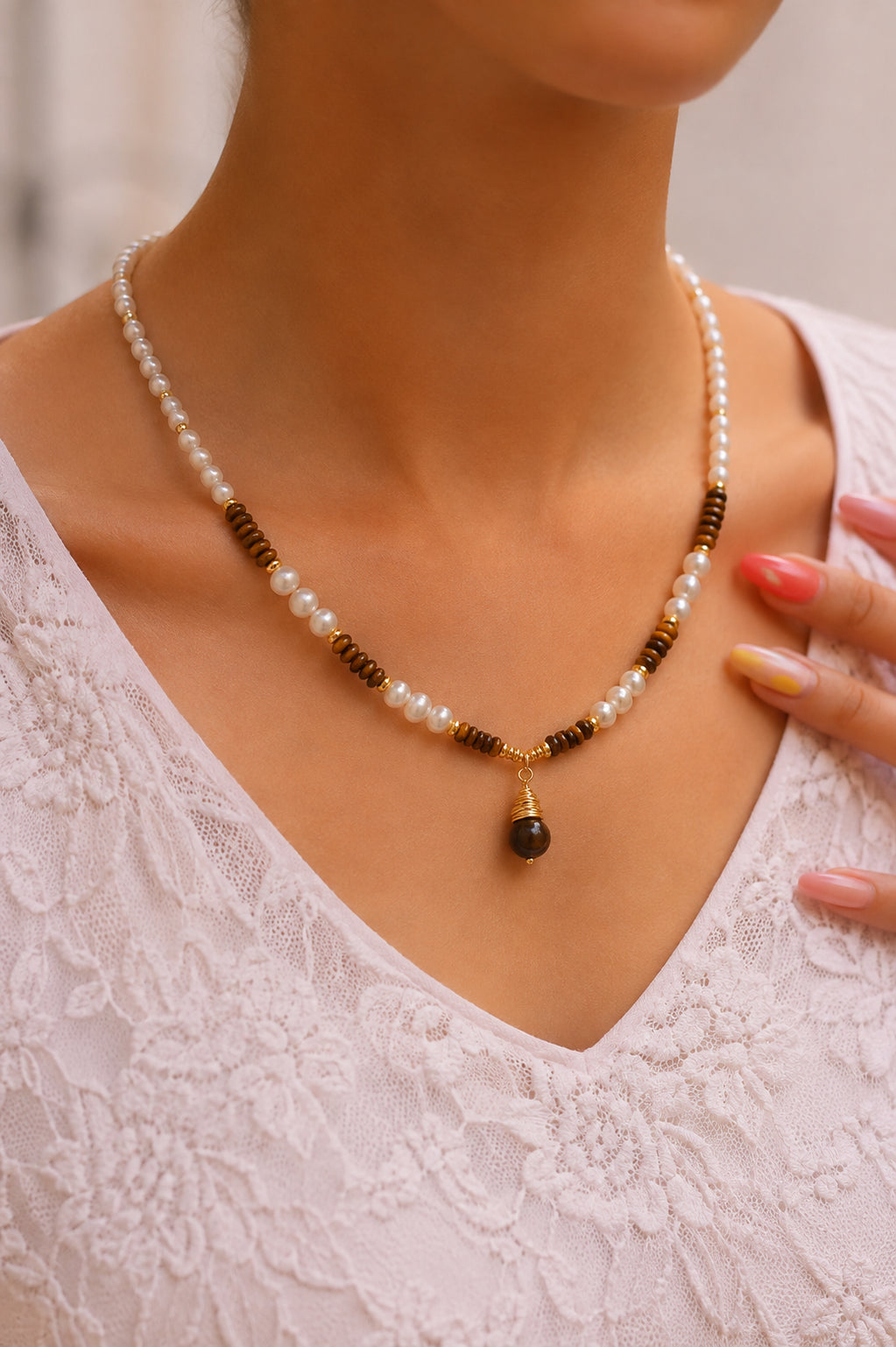 Tiger Eyes & Pearl Necklace