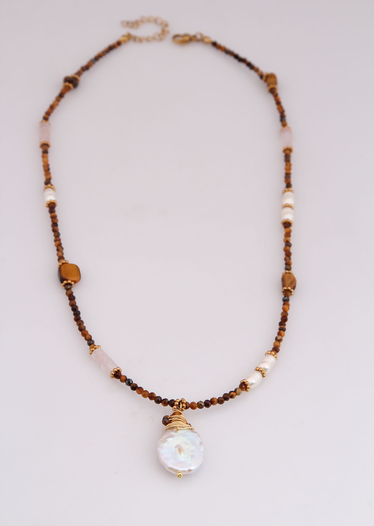 Tiger Eyes & Pink Quartz & Pearl Necklace