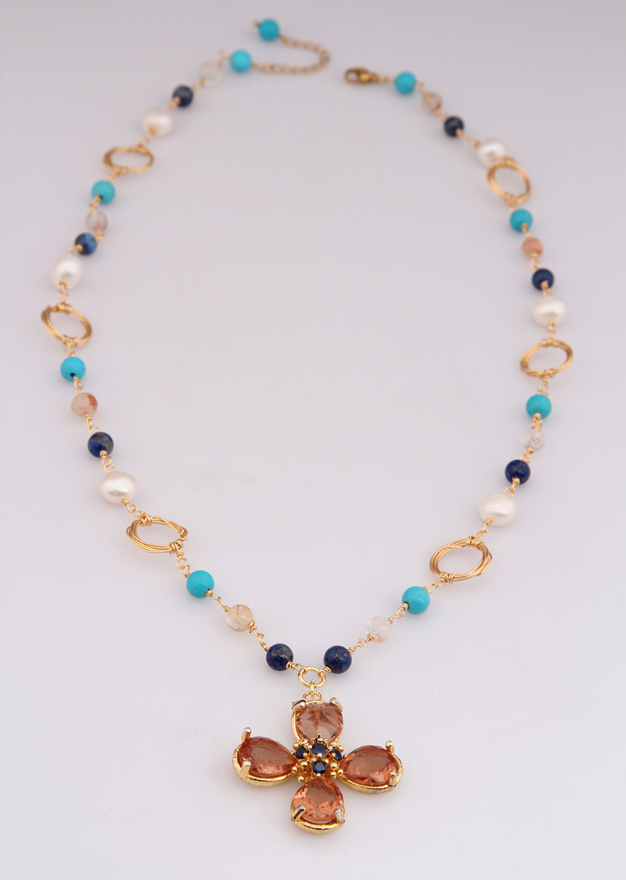 Lapis & Turquoise & Pearl & Zircon Necklace