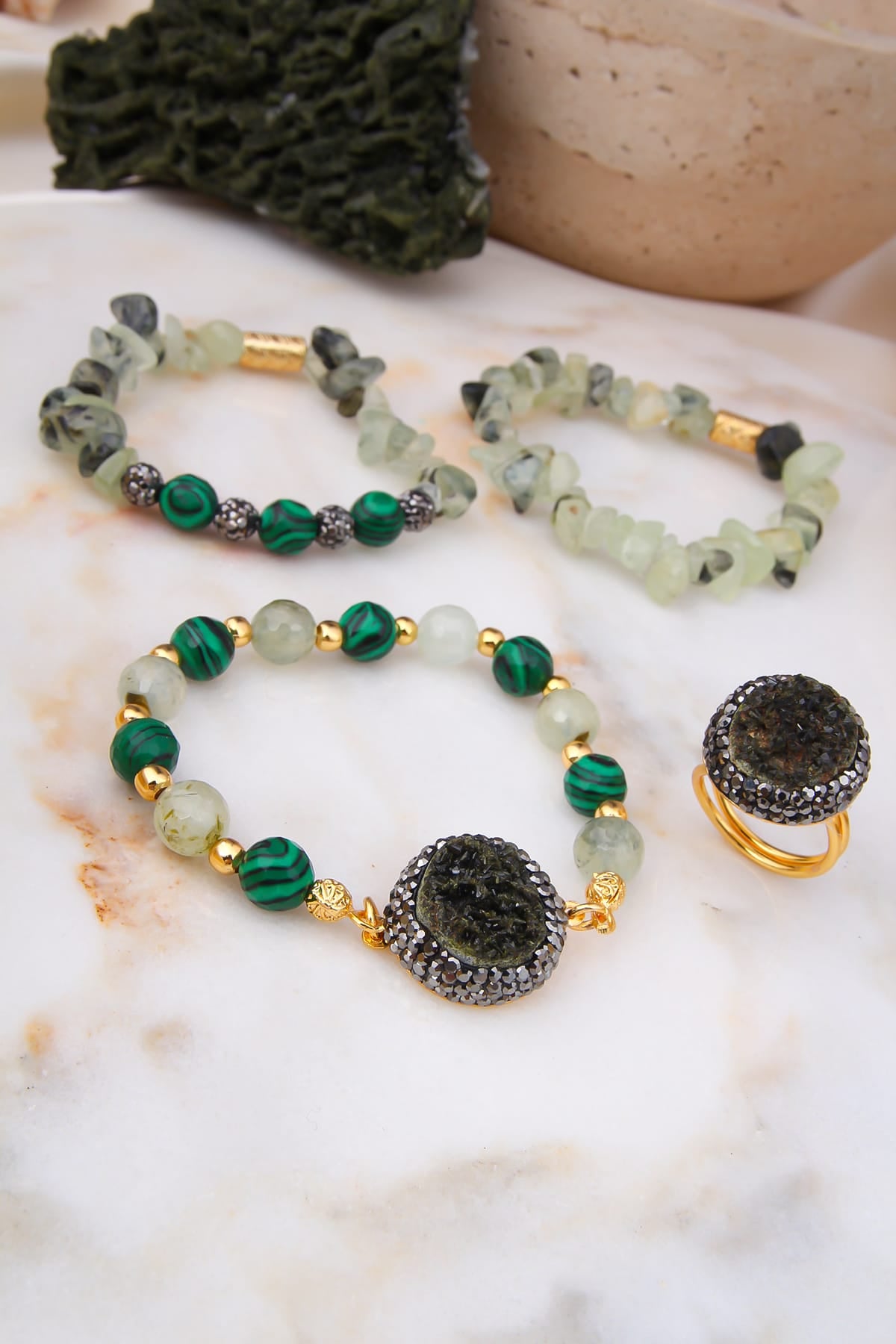 Forest Quartz & Prehnite & Malahite Bracelet