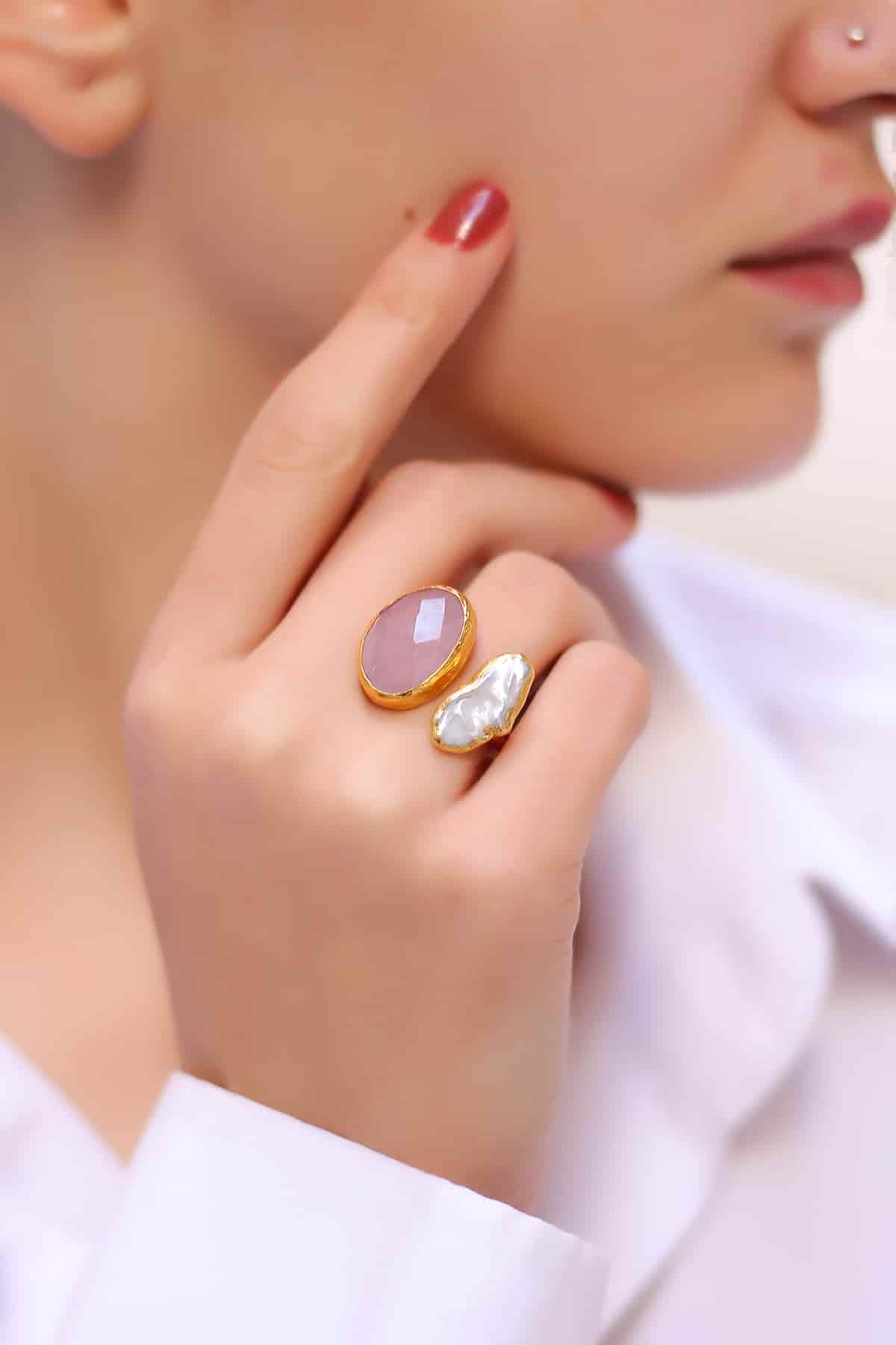 Pink Quartz & Pearl Bague