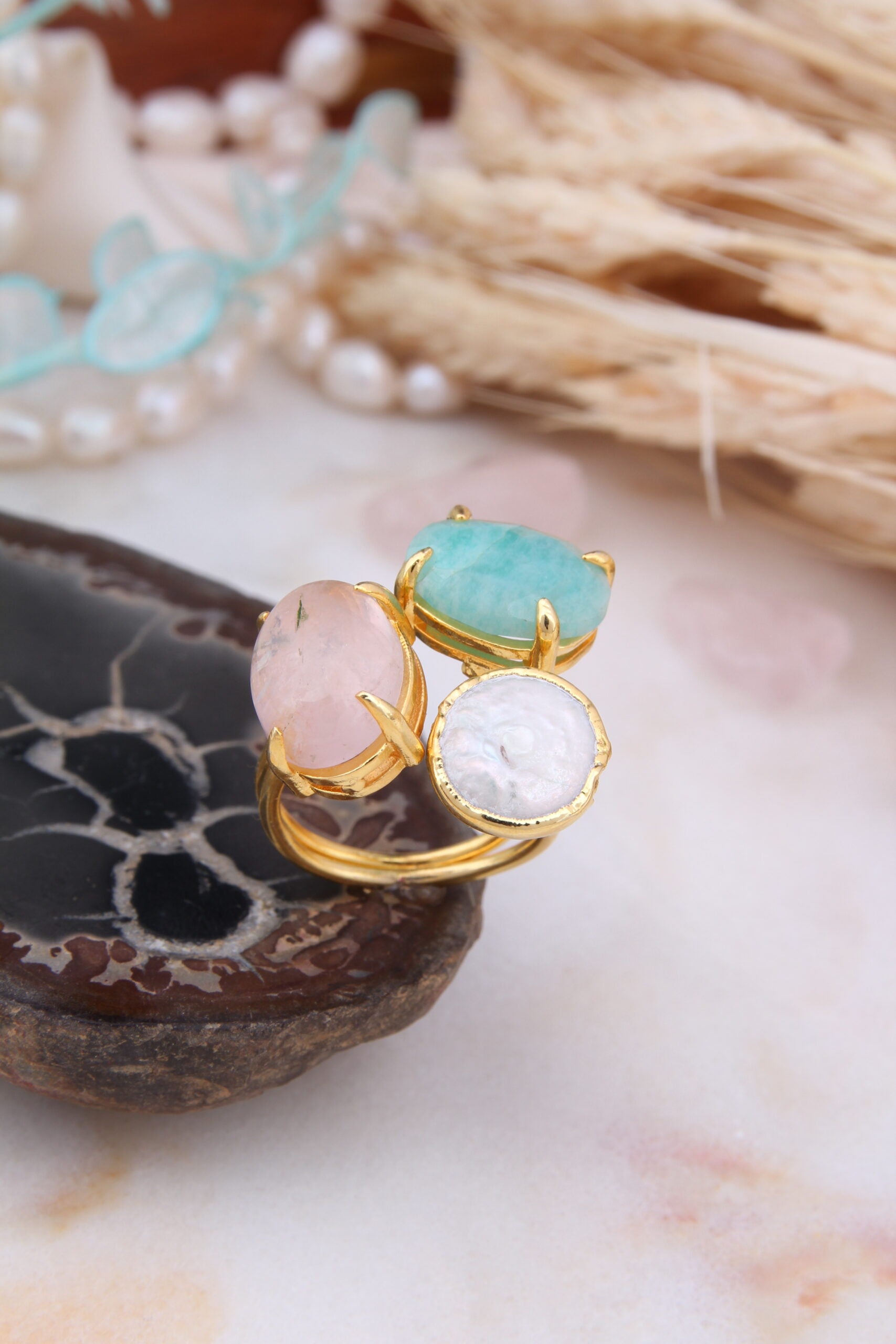 Aquamarine & Pearl & Citrine Bague