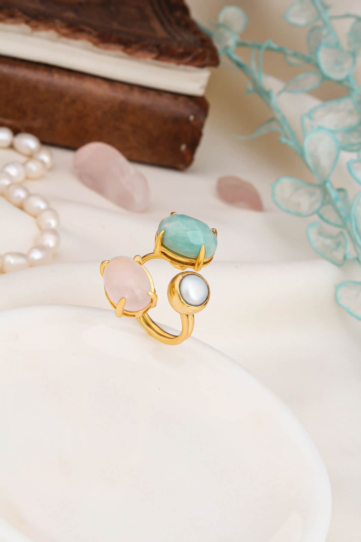 Amazonite & Pearl & Pink Quartz Ring