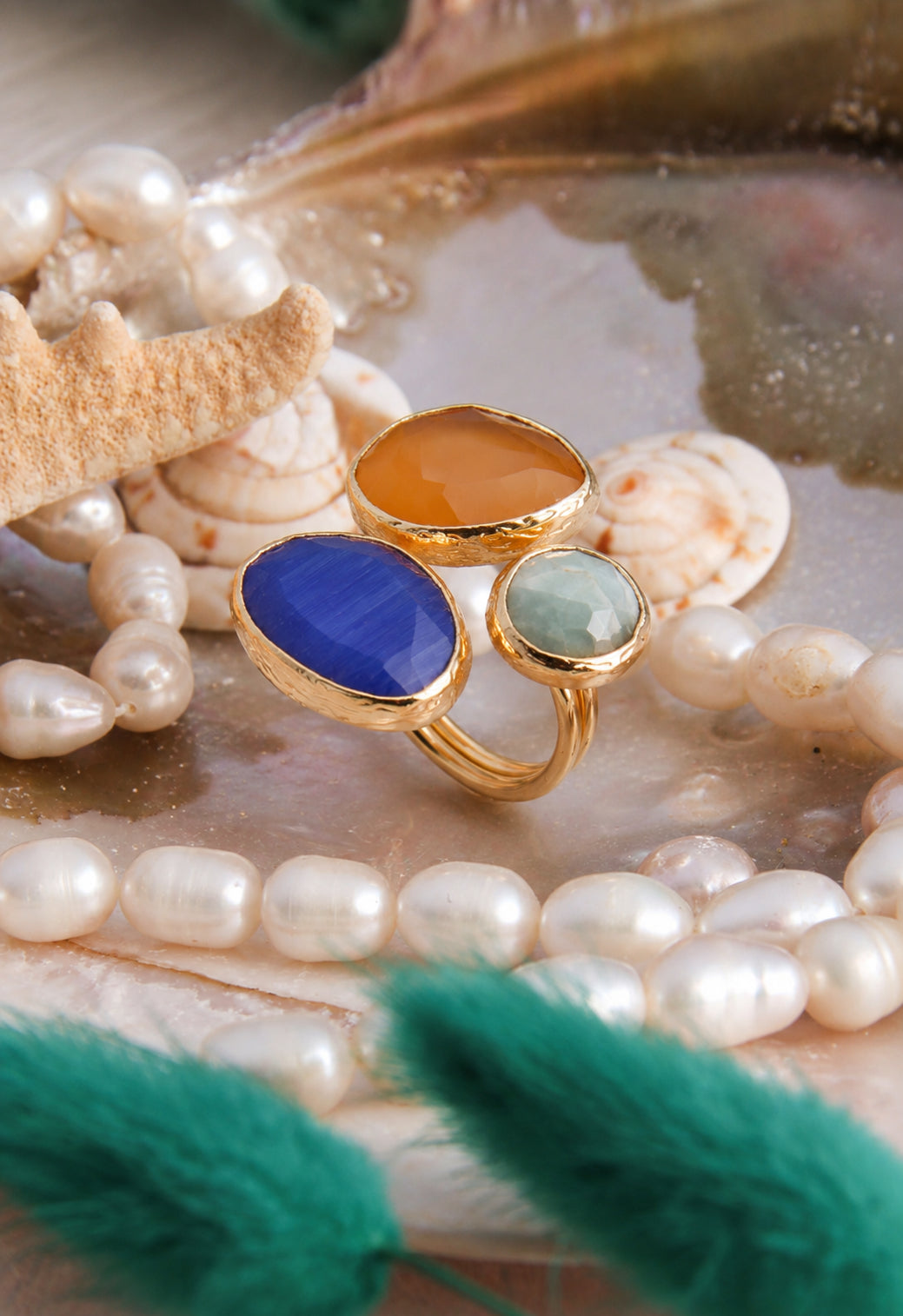 Amazonite & Cat Eyes Ring