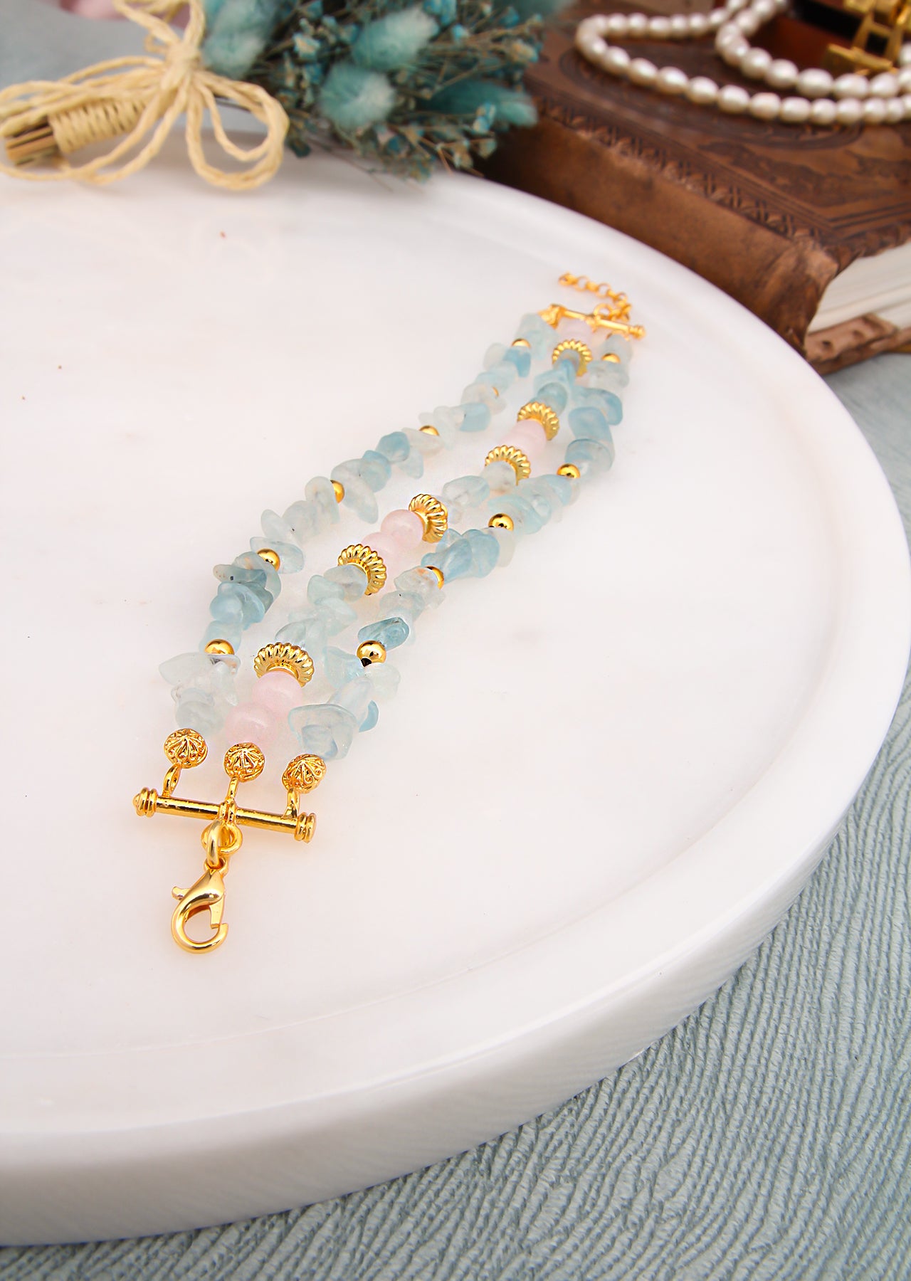 Aquamarine & Pink Quartz Bracelet