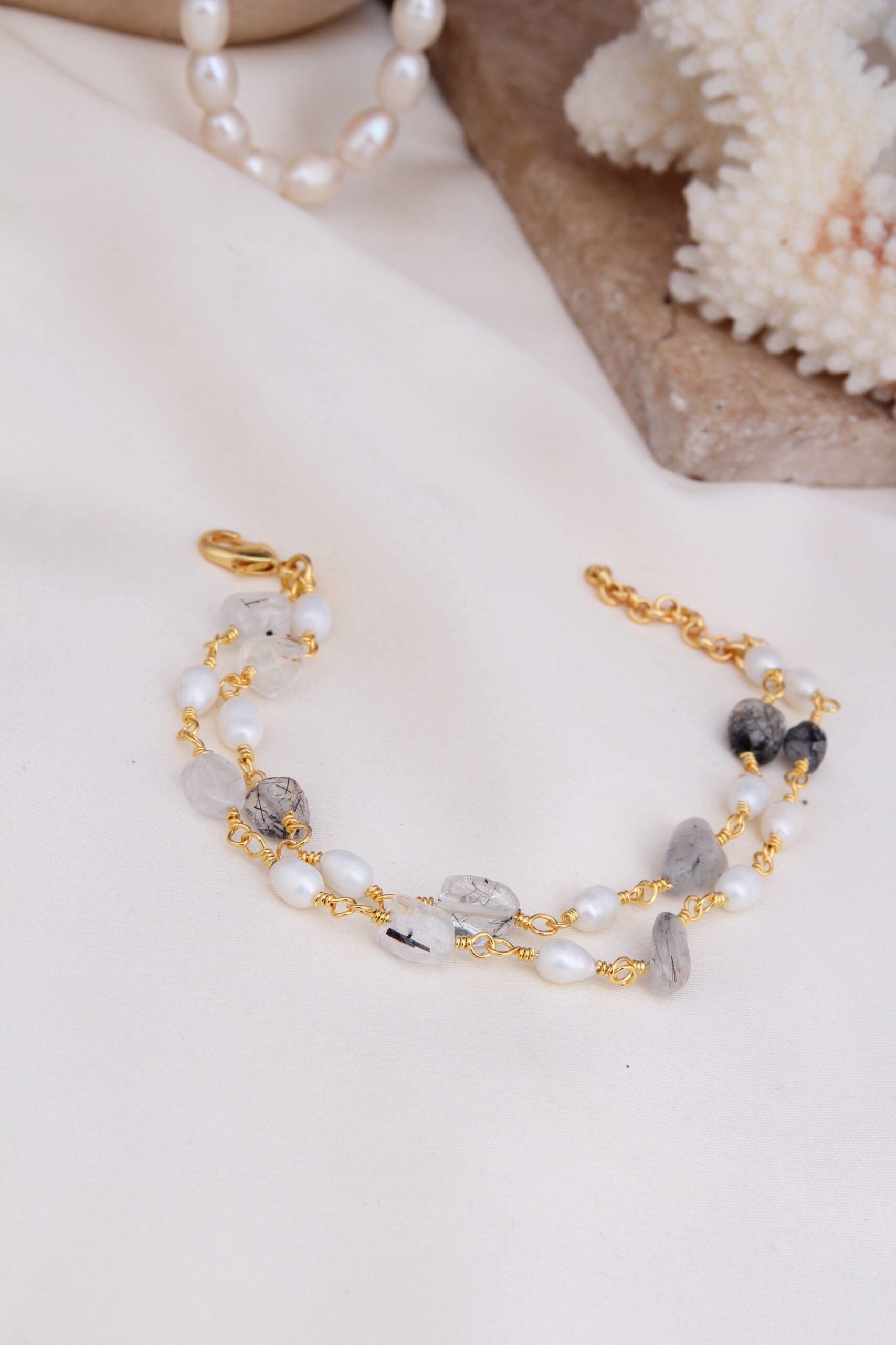 Black Routile & Pearl Bracelet