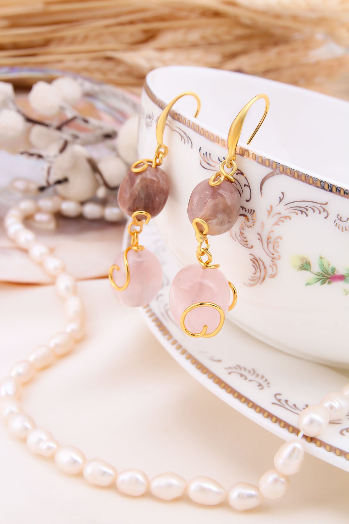 Sun Stone & Pink Quartz Earring