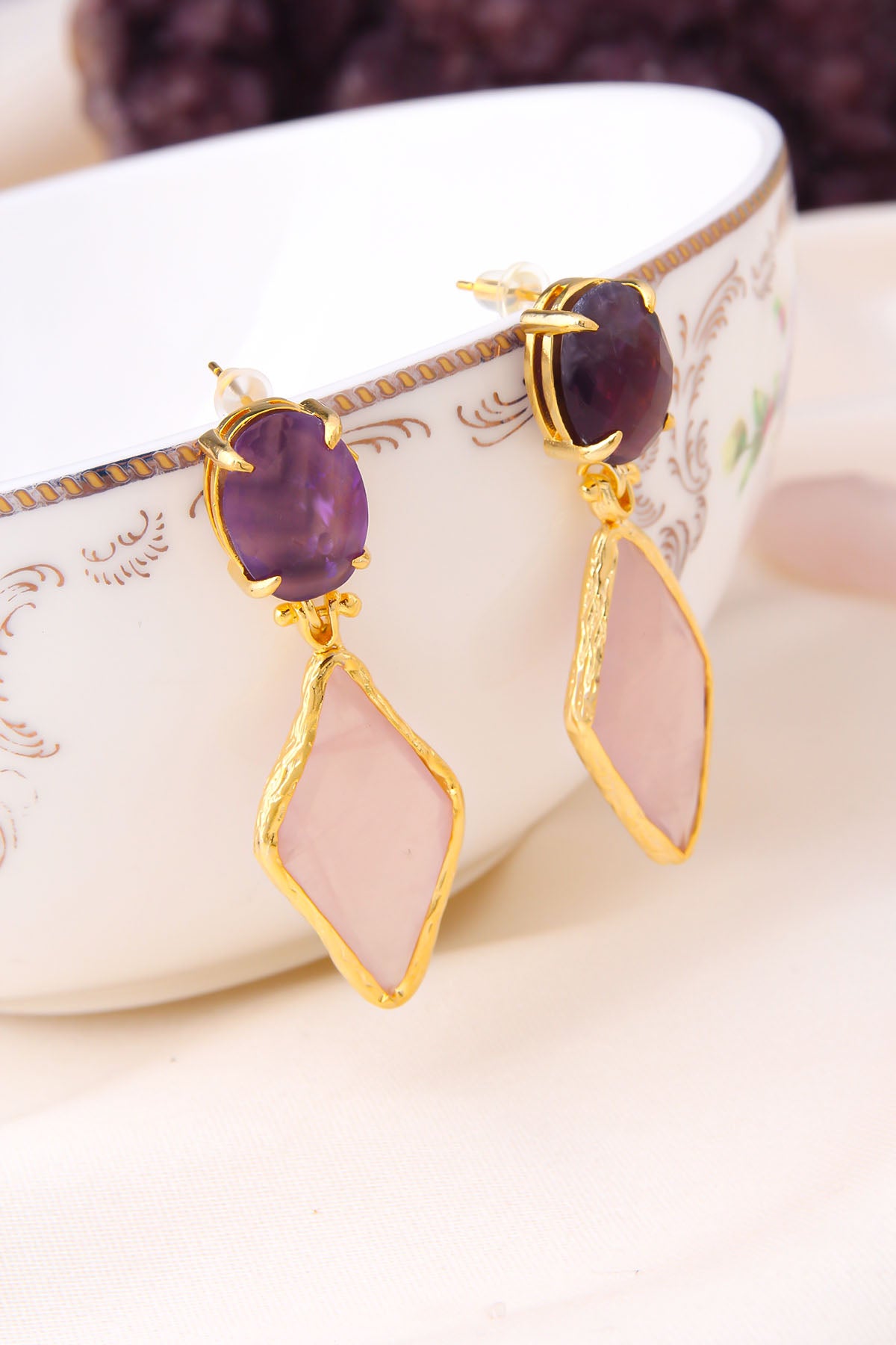 Amethyst & Pink Quartz Earring