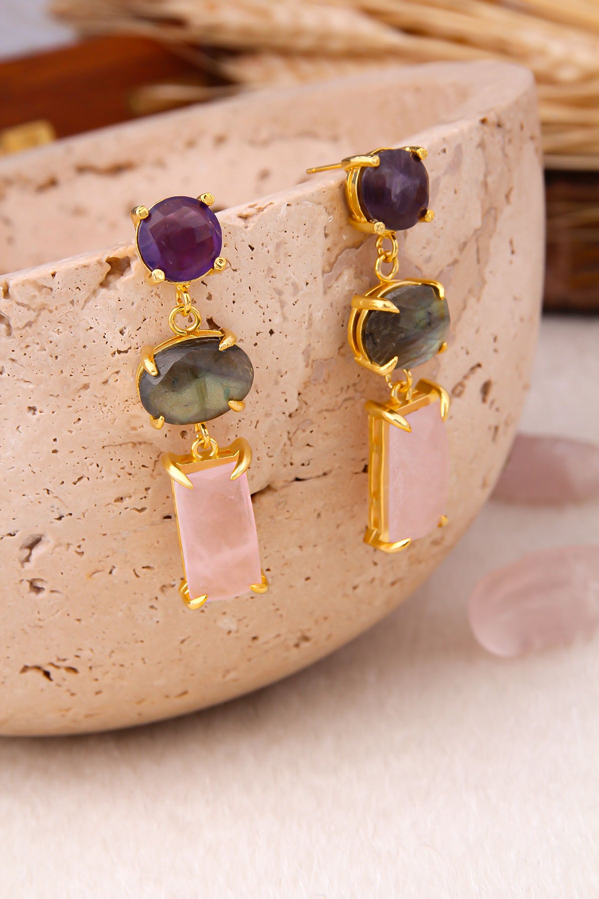 Amethyst & Pink Quartz & Labradorite Earring