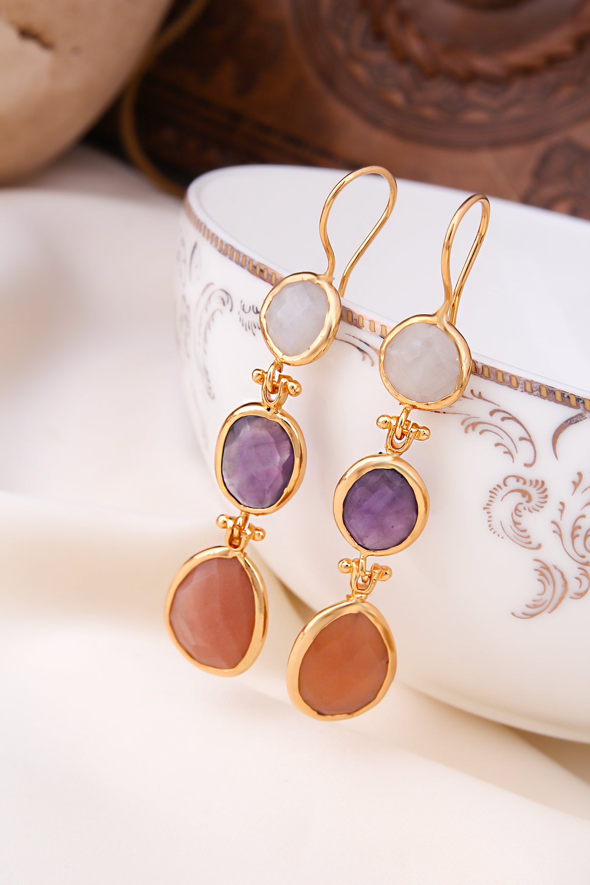 MoonStone & Amethyst & SunStone Earring