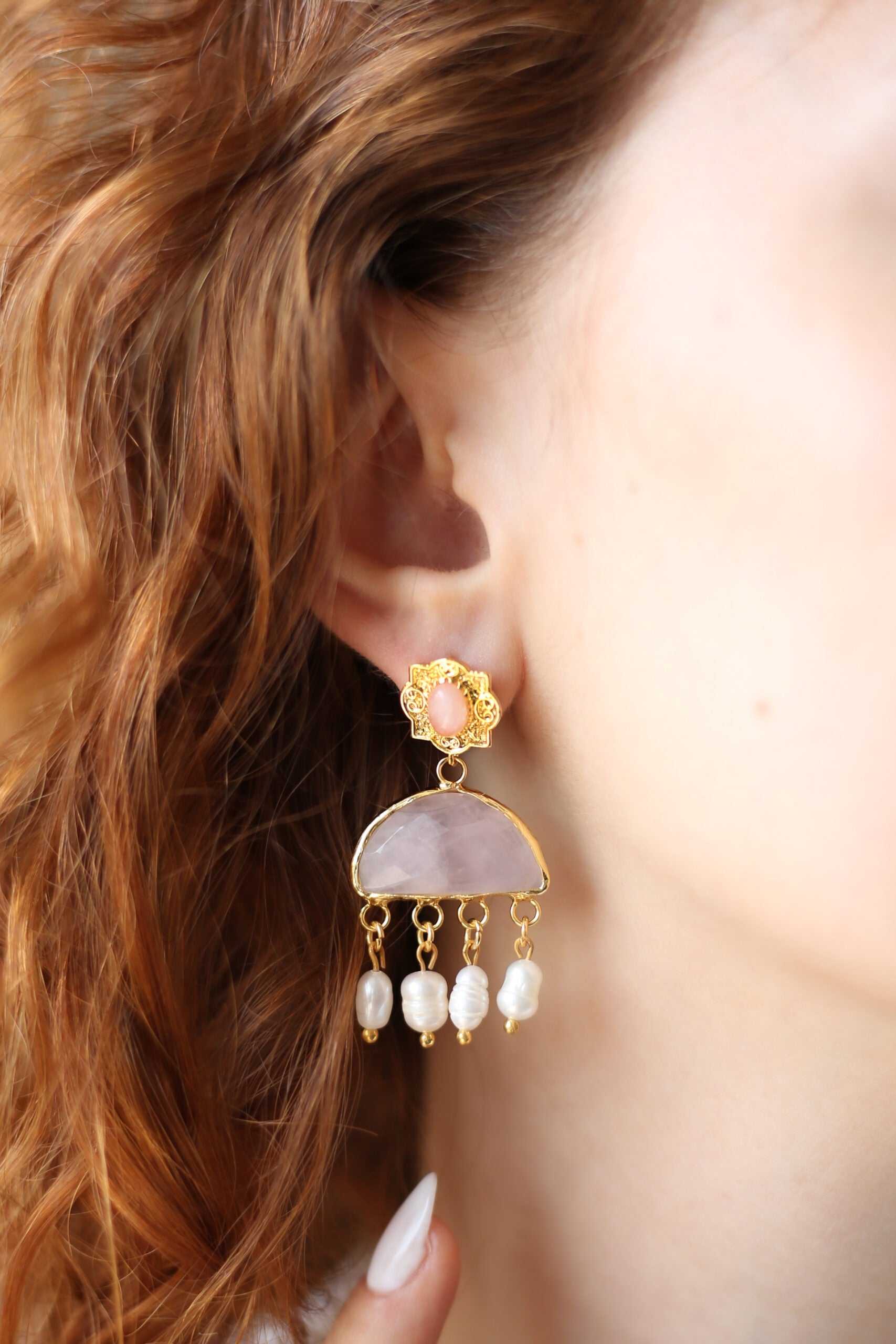 Pink Quartz & Pearl Boucles d'oreilles