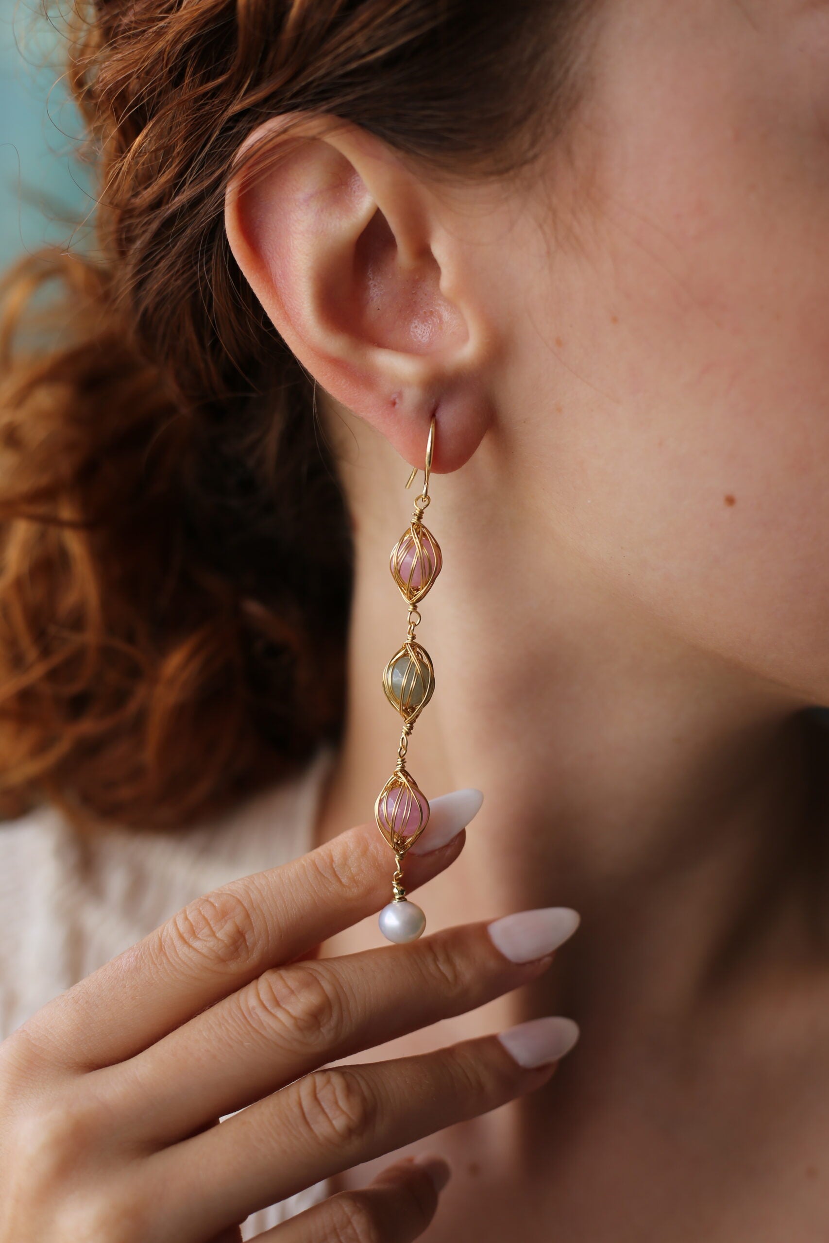 Pink Quartz & Amazonite & Pearl Boucles d'oreilles