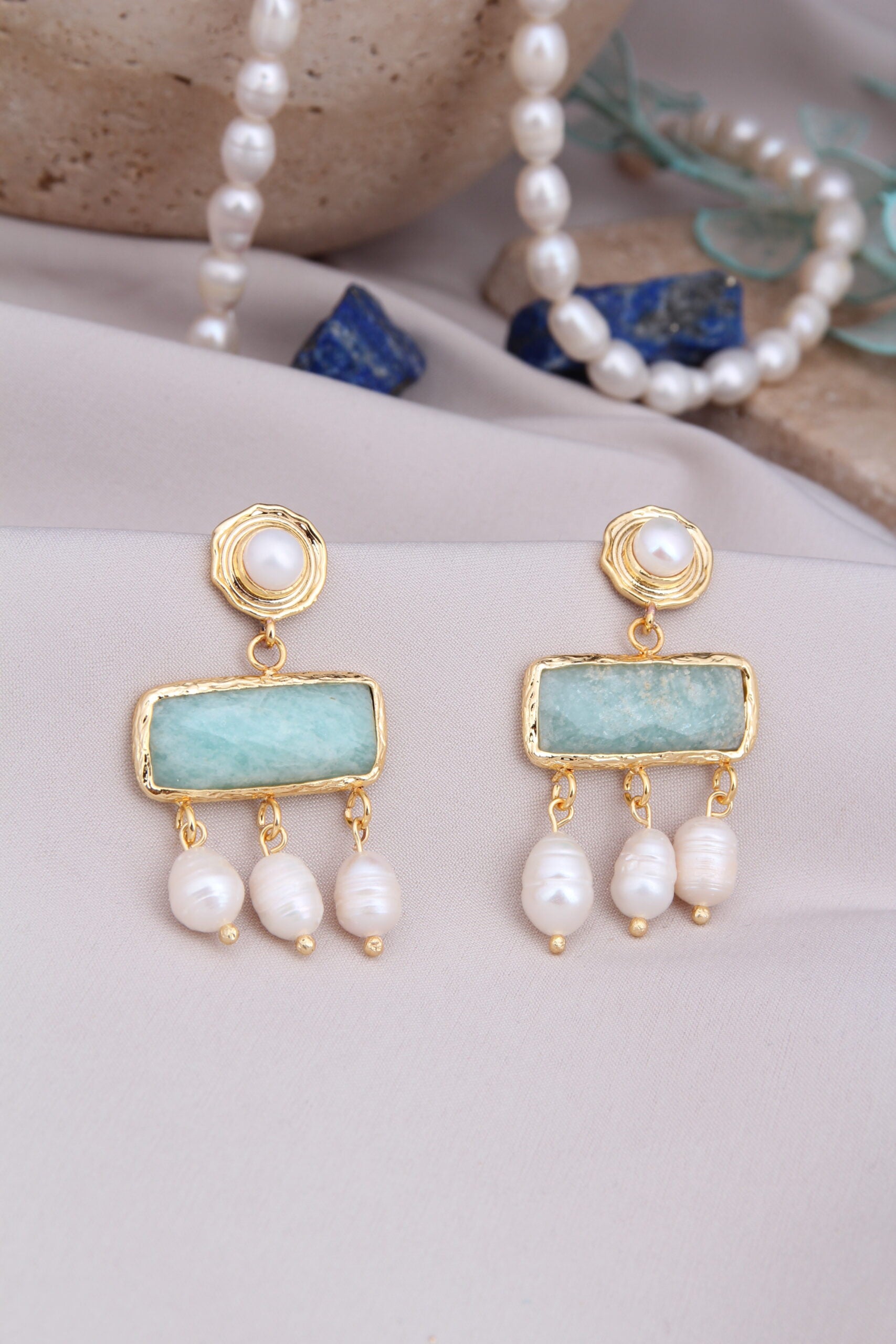 Amazonite & Pearl Boucles d'oreilles