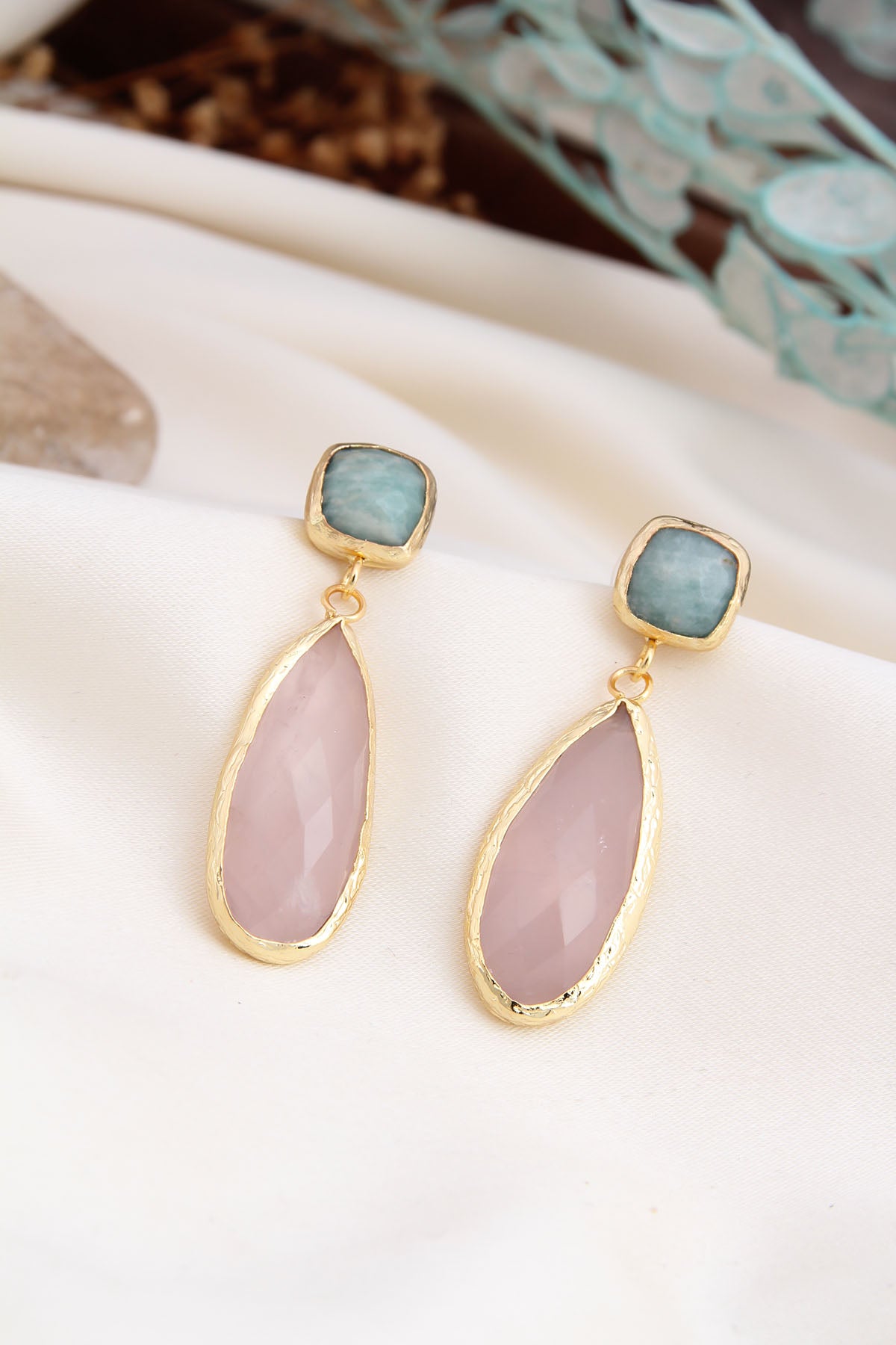 Pink Quartz & Amazonite Earring