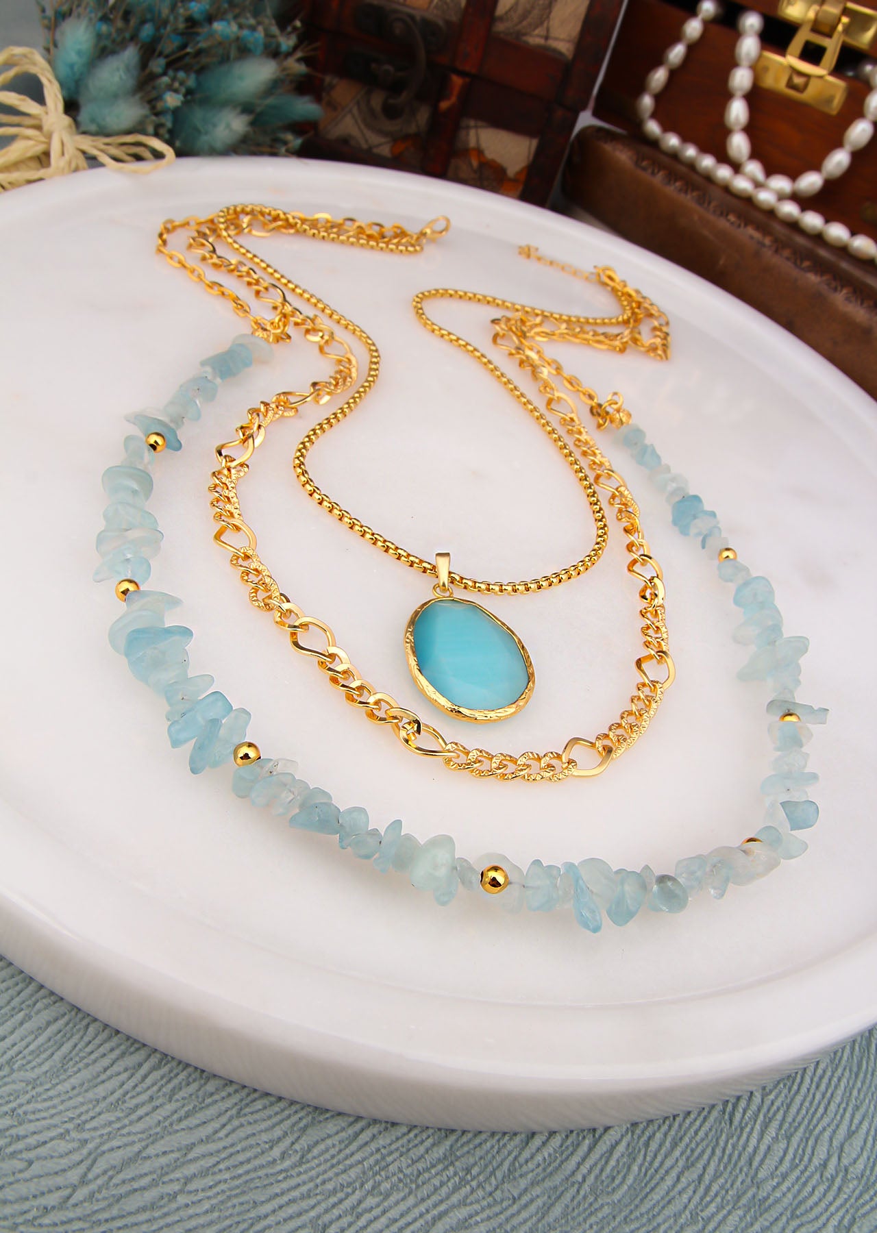 Aquamarine & Cat Eyes Necklace