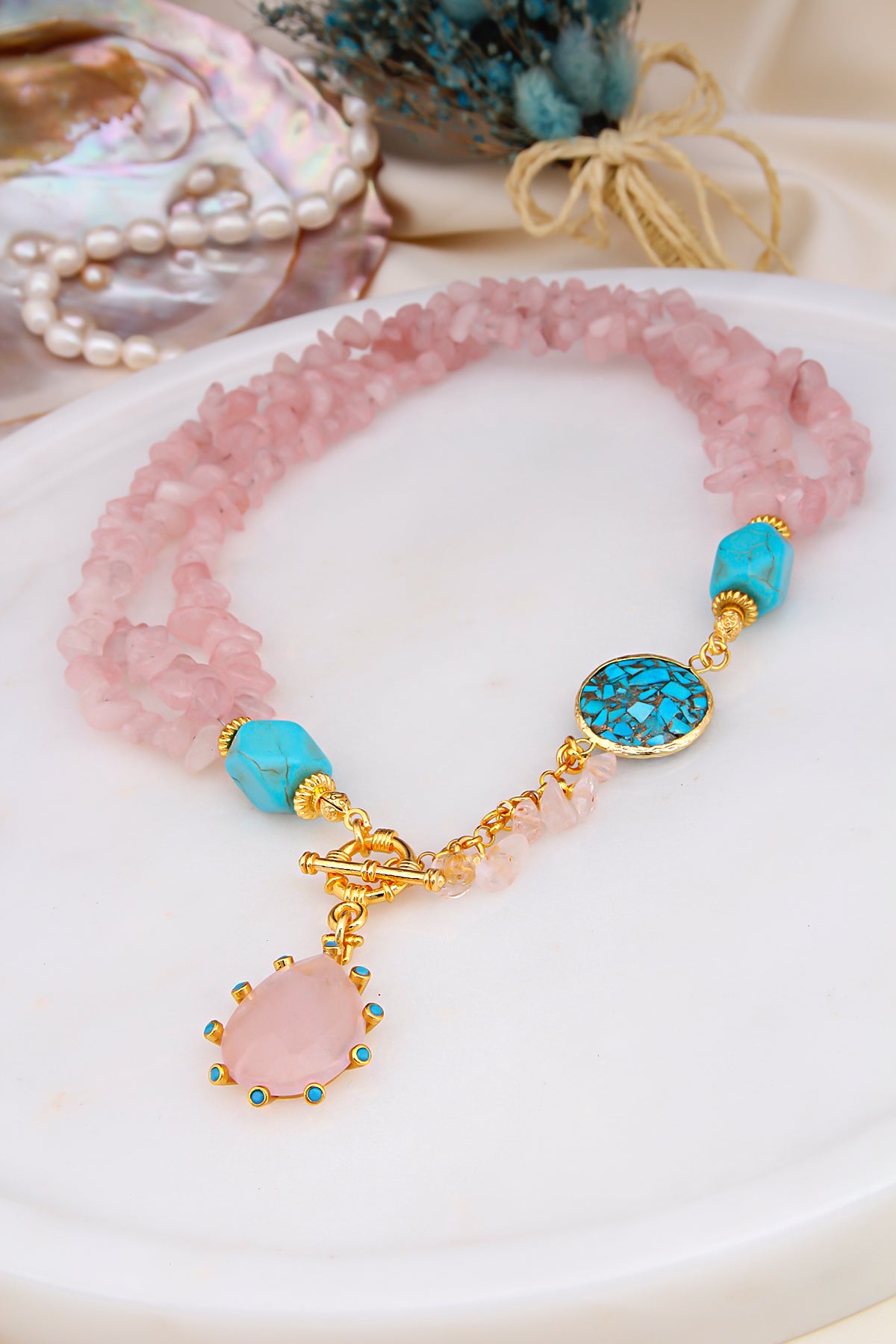 Pink Quartz & Turquoise Collier