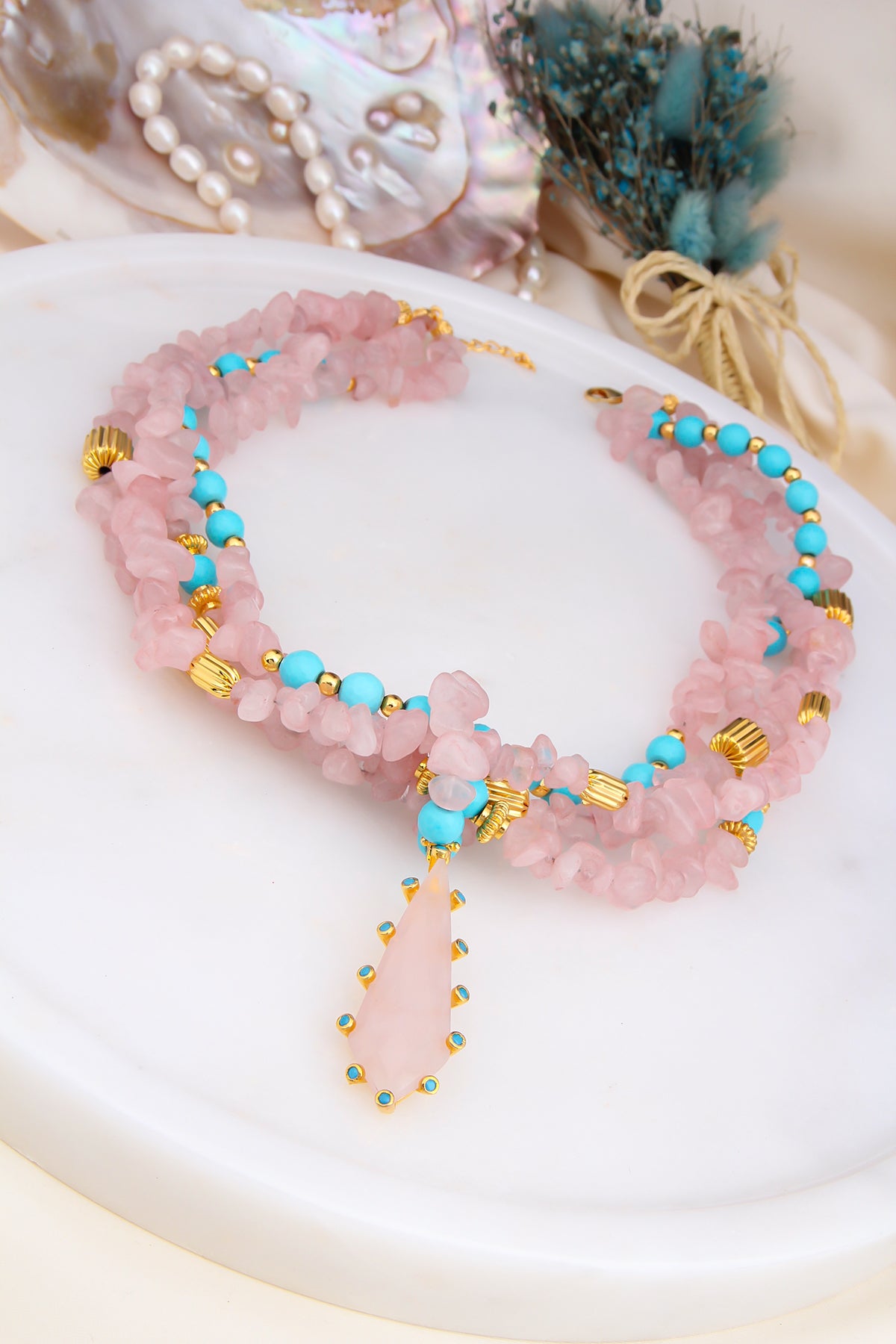 Pink Quartz & Turquoise Collier