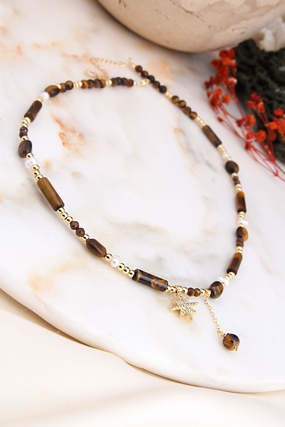 Tiger Eyes & Pearl Necklace