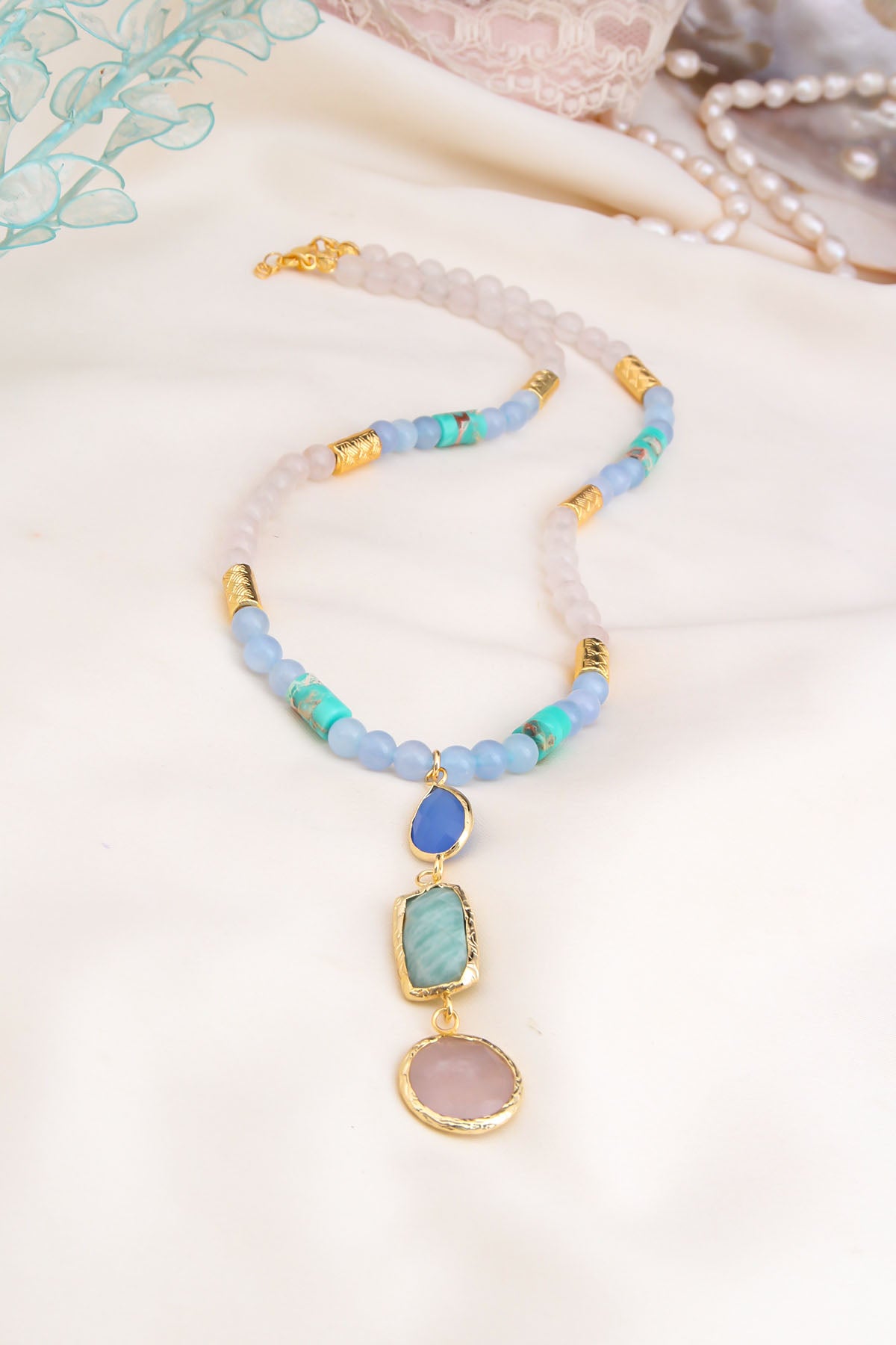 Turquoise & Pink Quartz & Blue Opal Necklace