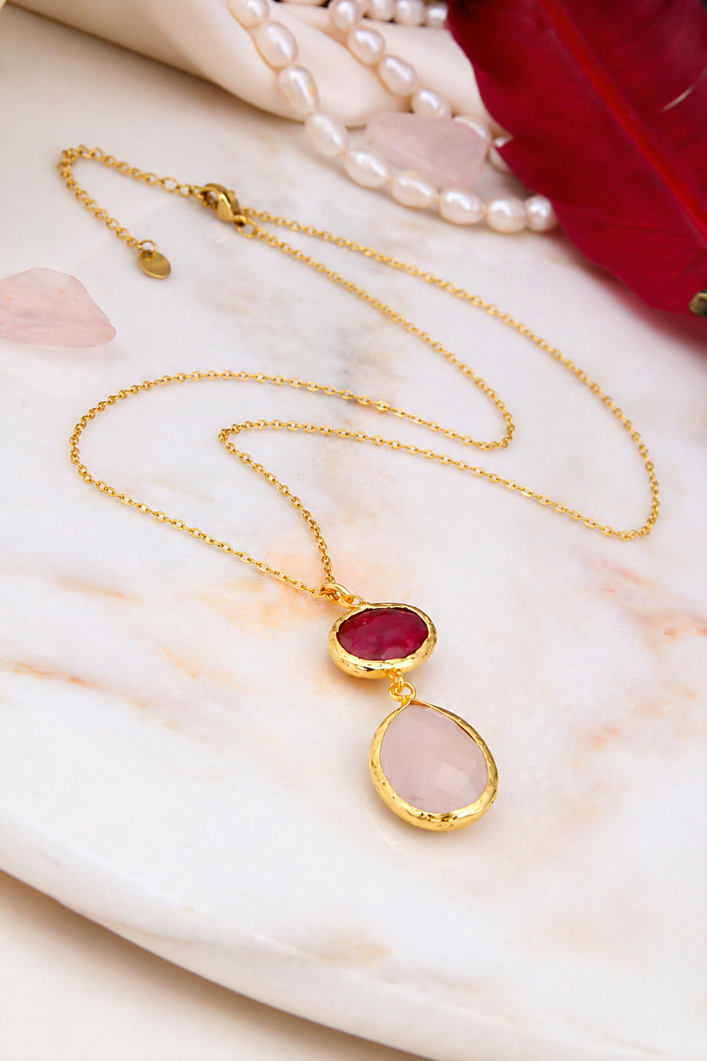 Pink Quartz & Root Ruby Necklace