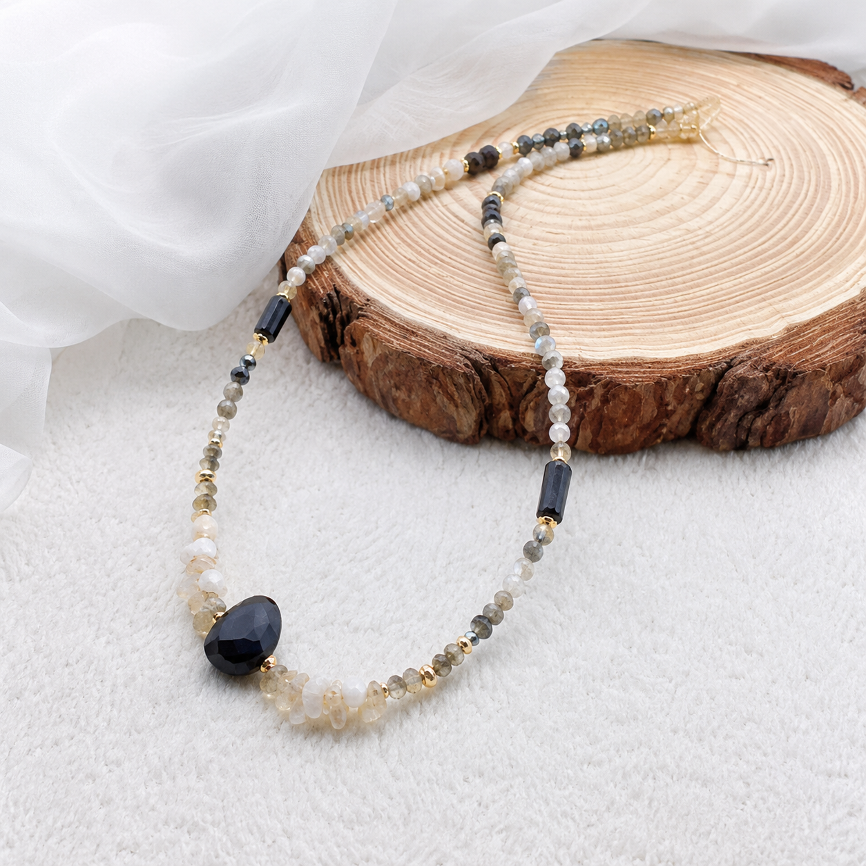 Onix & Black Ruthile & MoonStone Necklace