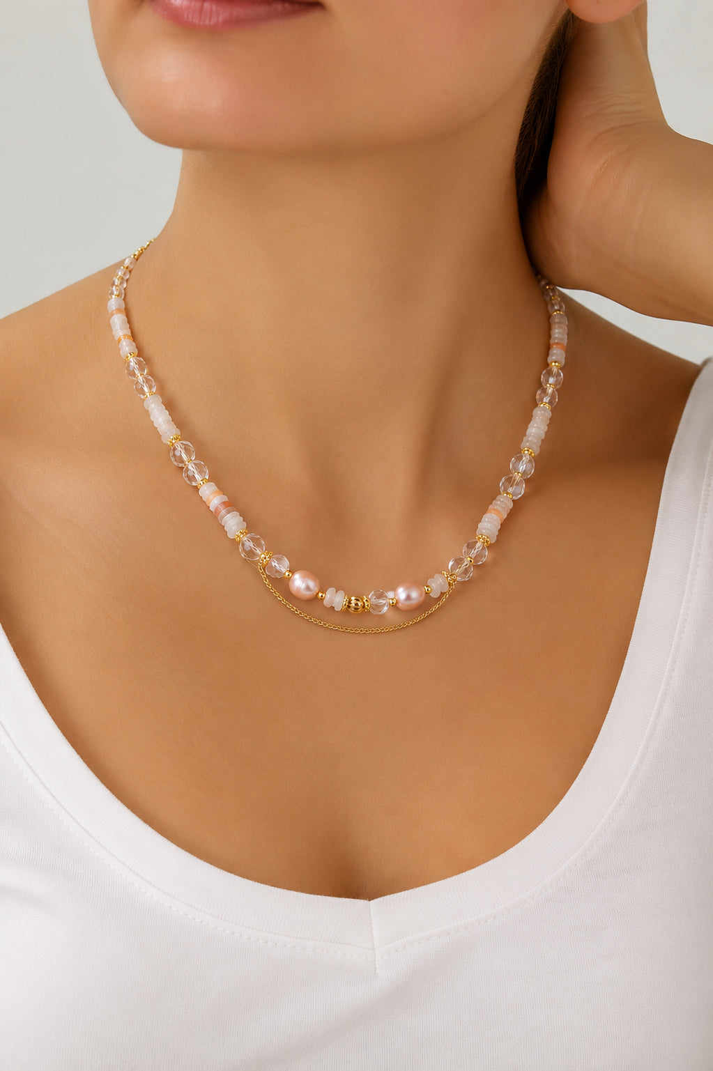 Pearl & Moon Stone & Crystal Necklace