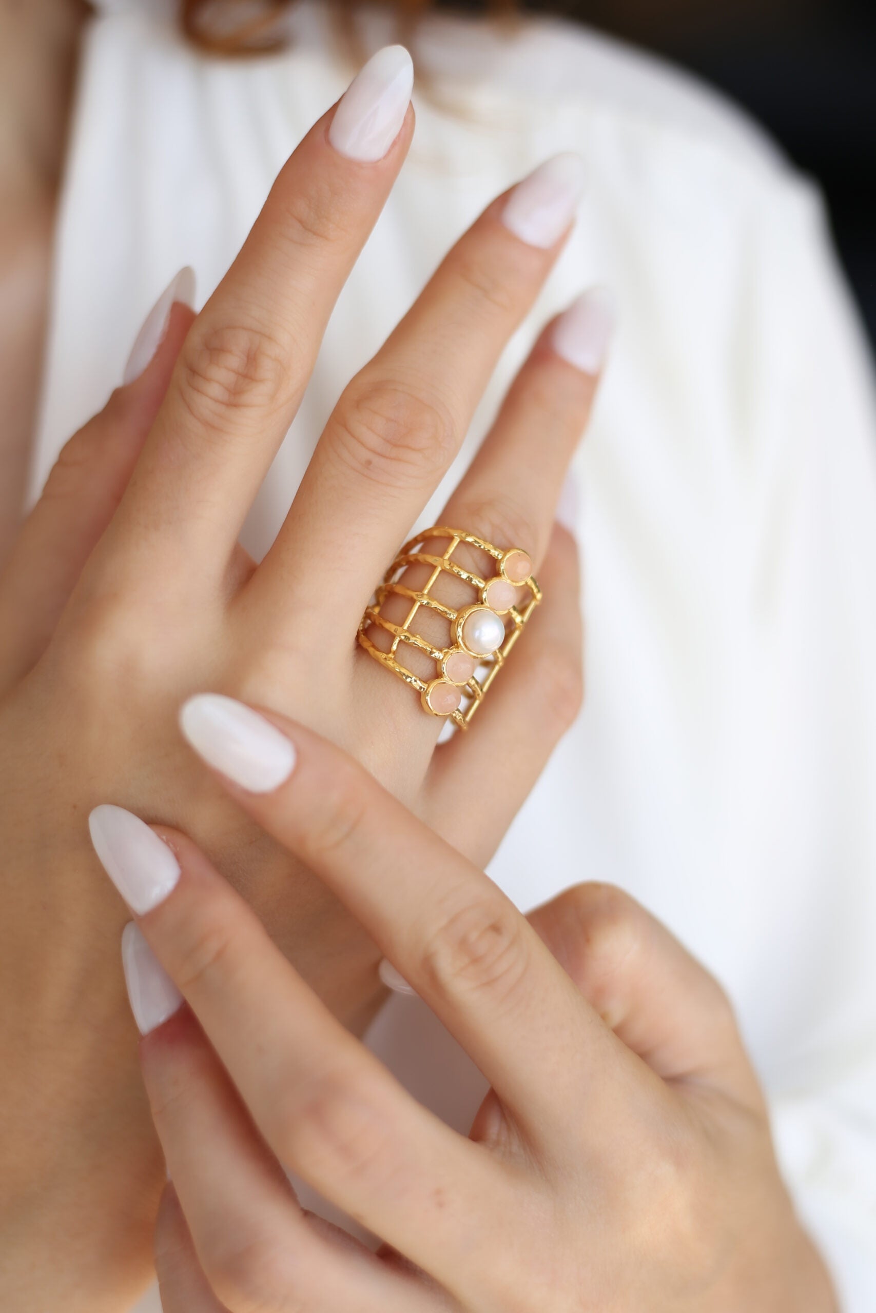Pink Quartz & Pearl Ring